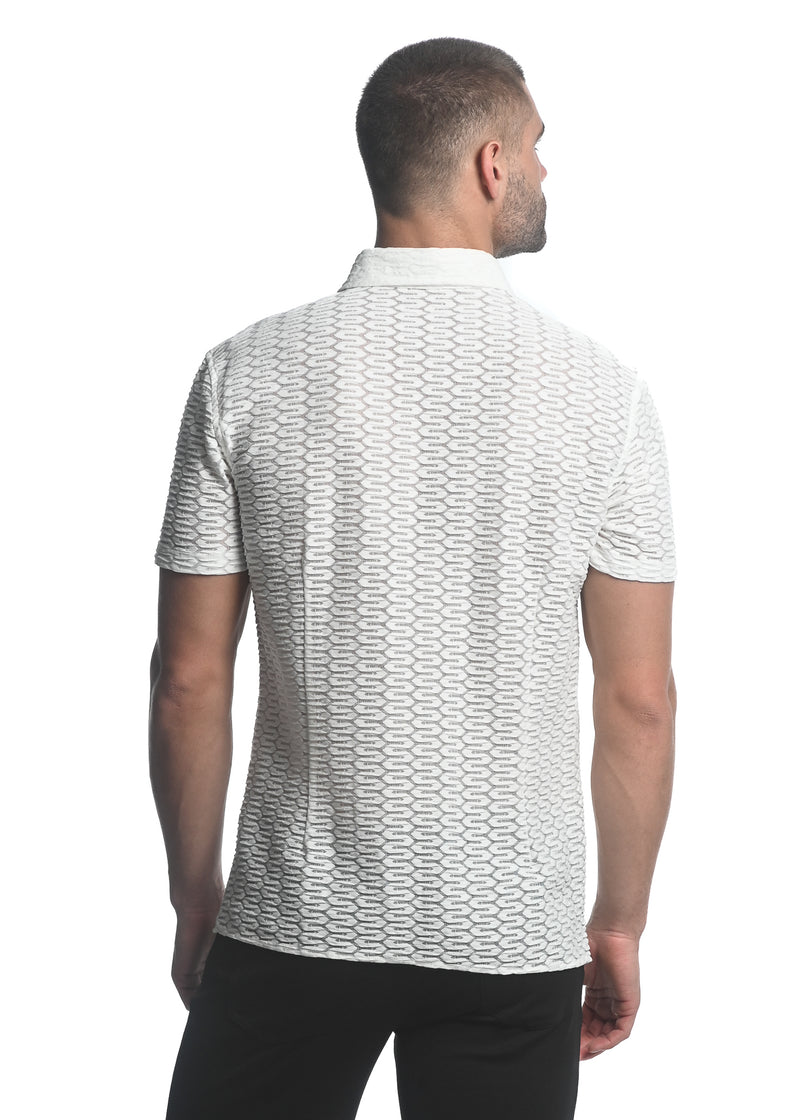 WHITE MAZE HEX STRETCH KNIT GOSSAMER SHORT SLEEVE SHIRT ST-24025-WHITE