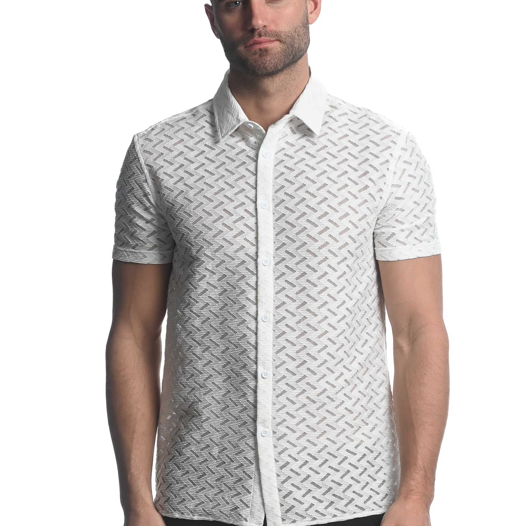 WHITE ZIGZAG CHEVRON STRETCH KNIT GOSSAMER SHORT SLEEVE SHIRT ST-24027