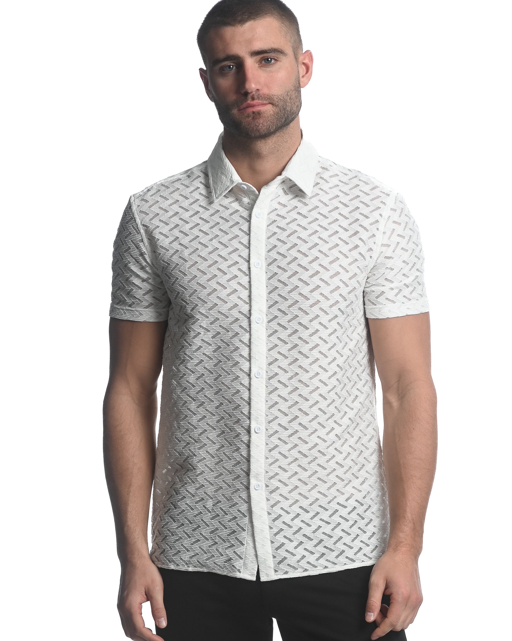 WHITE ZIGZAG CHEVRON STRETCH KNIT GOSSAMER SHORT SLEEVE SHIRT ST-24027