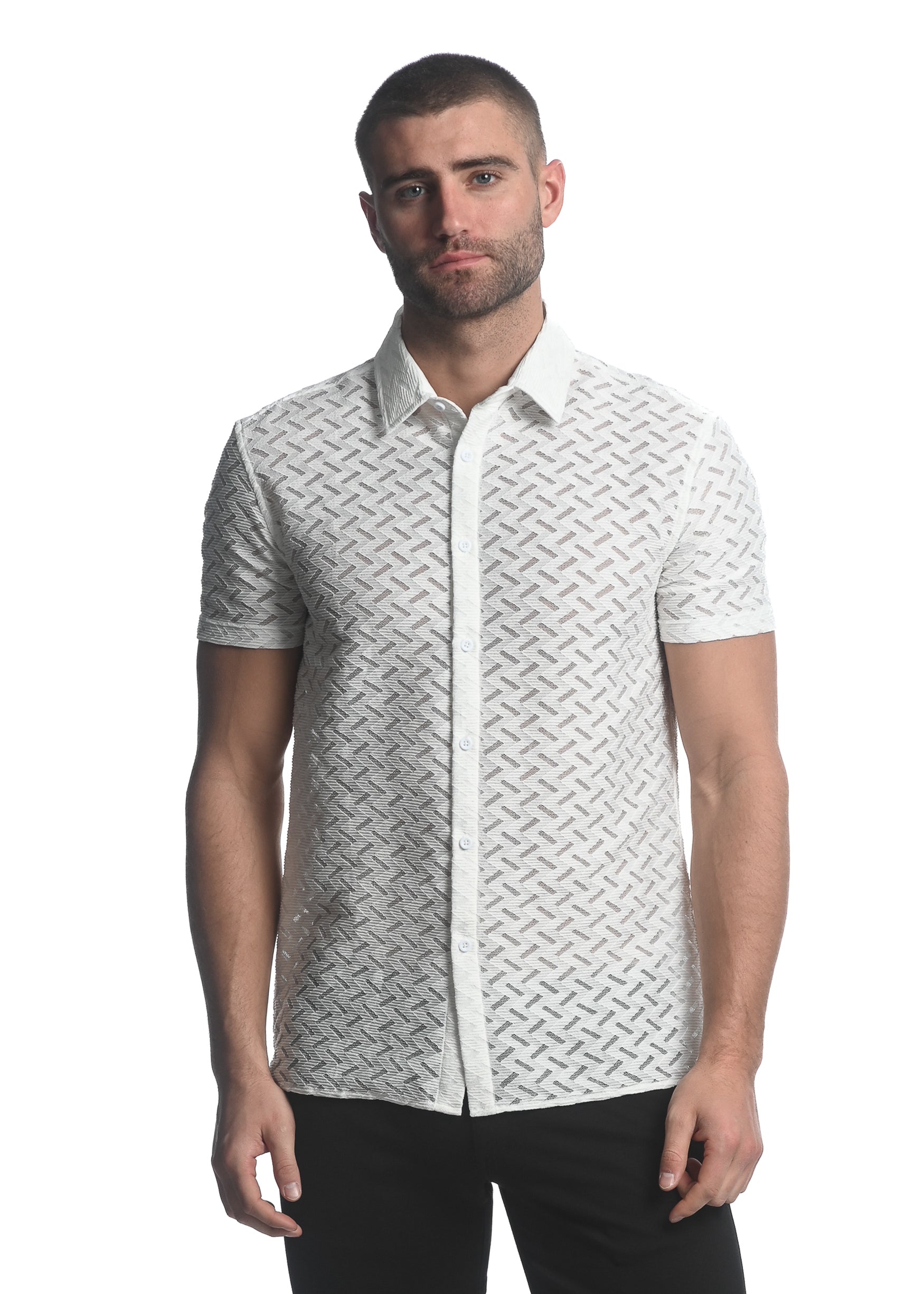 WHITE ZIGZAG CHEVRON STRETCH KNIT GOSSAMER SHORT SLEEVE SHIRT ST-24027