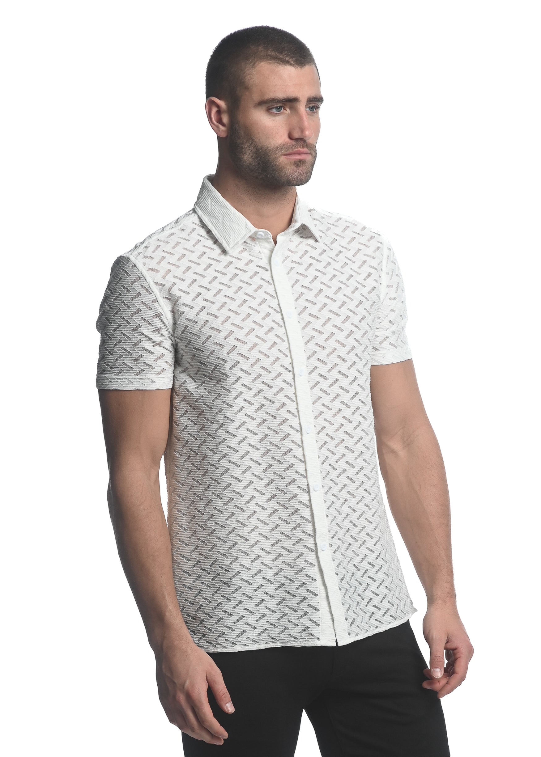 WHITE ZIGZAG CHEVRON STRETCH KNIT GOSSAMER SHORT SLEEVE SHIRT ST-24027