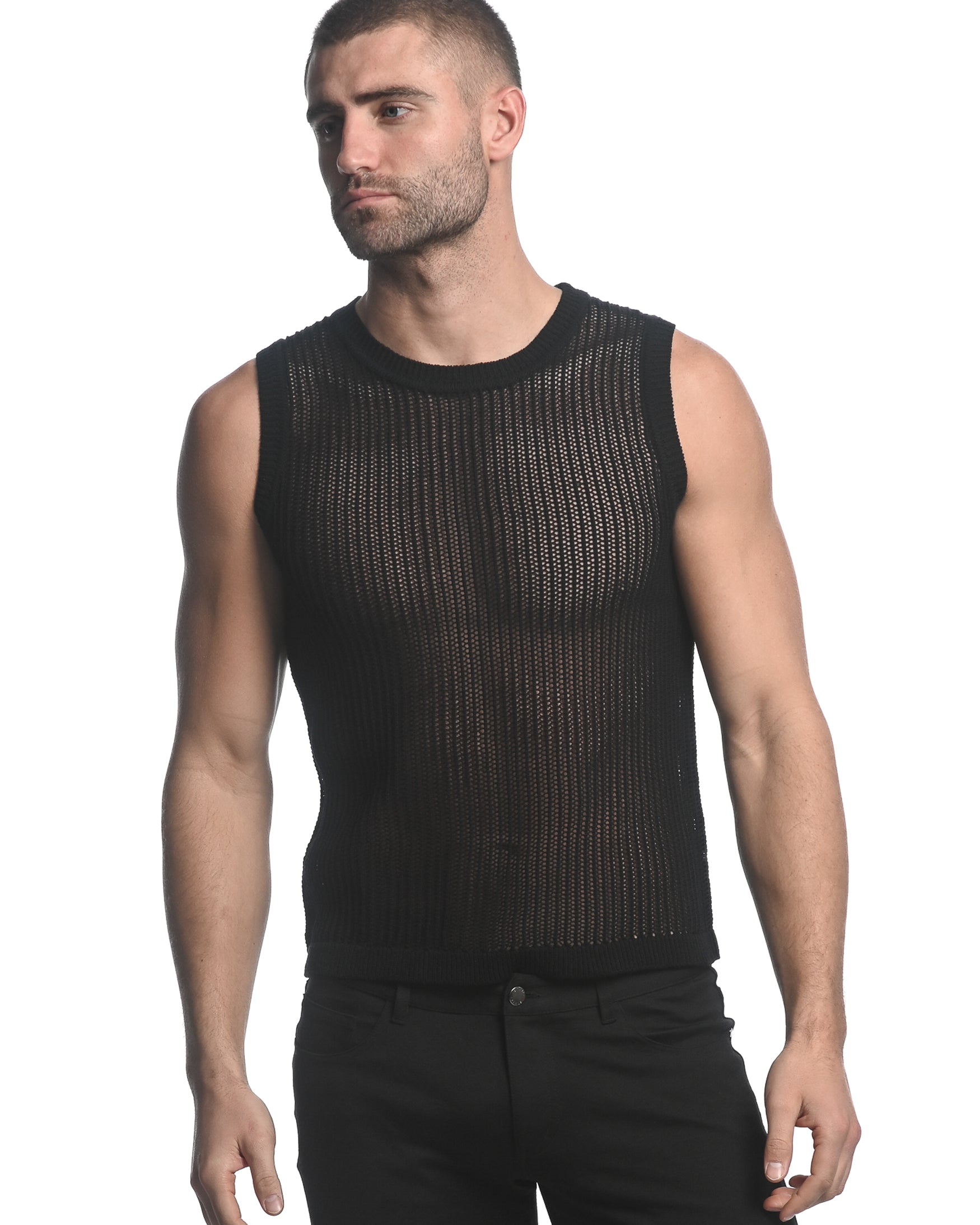 BLACK SHEER VERTICAL STRIPE TEXTURED KNITTED VEST ST-24031