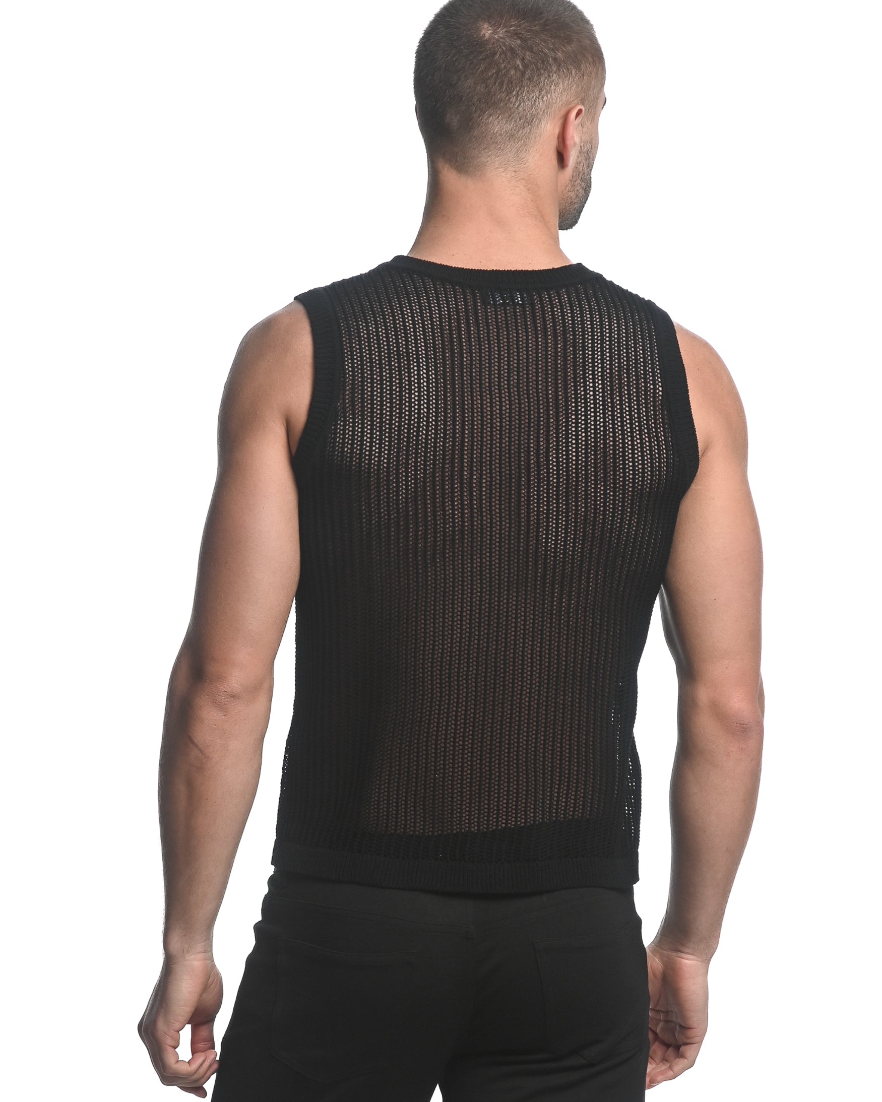 BLACK SHEER VERTICAL STRIPE TEXTURED KNITTED VEST ST-24031