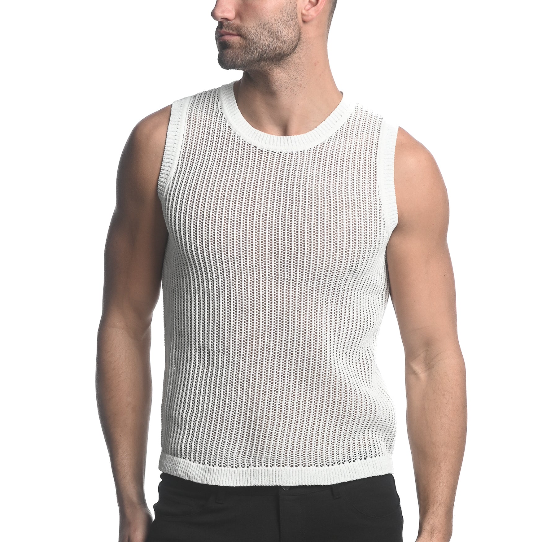 WHITE SHEER VERTICAL STRIPE TEXTURED KNITTED VEST ST-24031