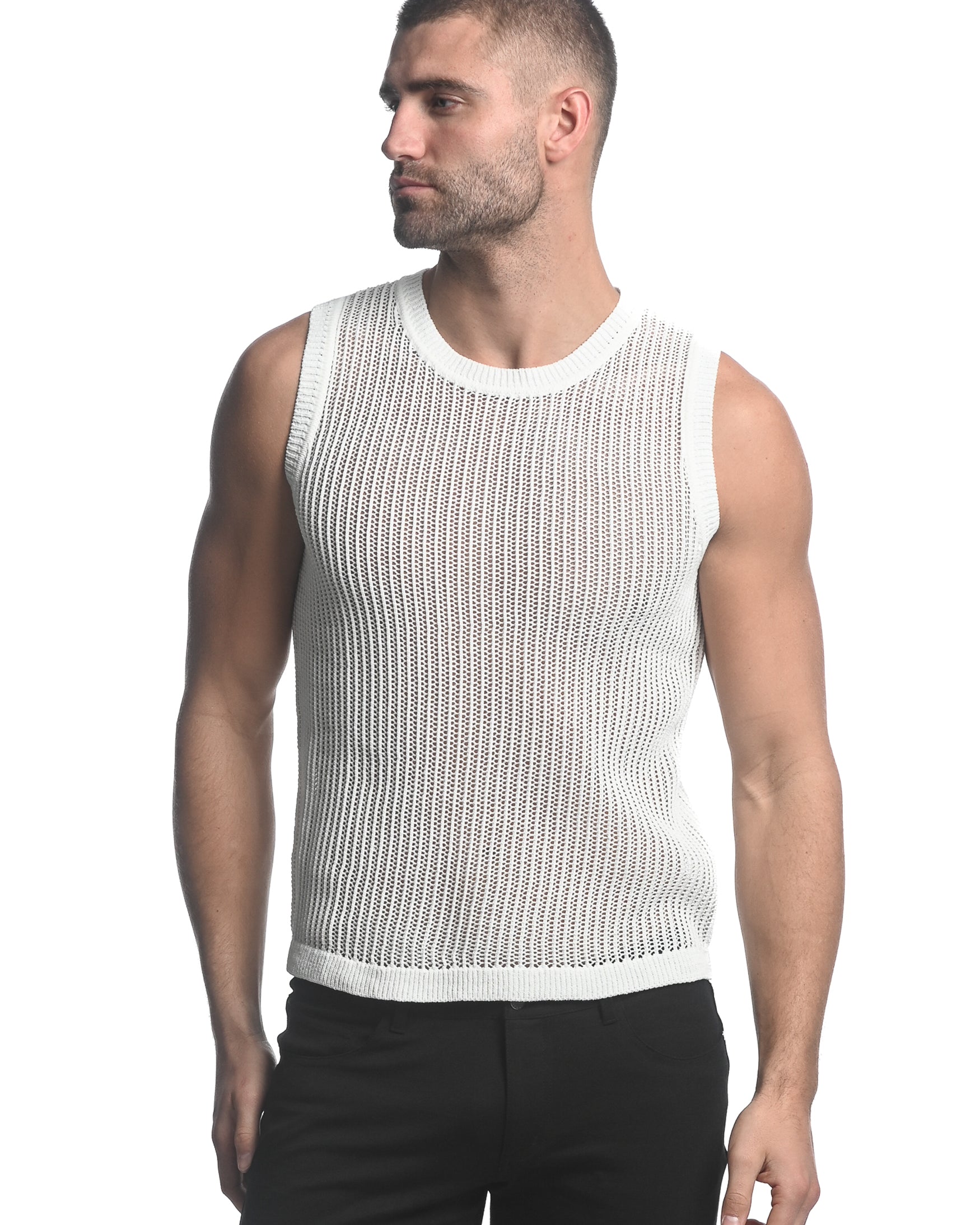 WHITE SHEER VERTICAL STRIPE TEXTURED KNITTED VEST ST-24031