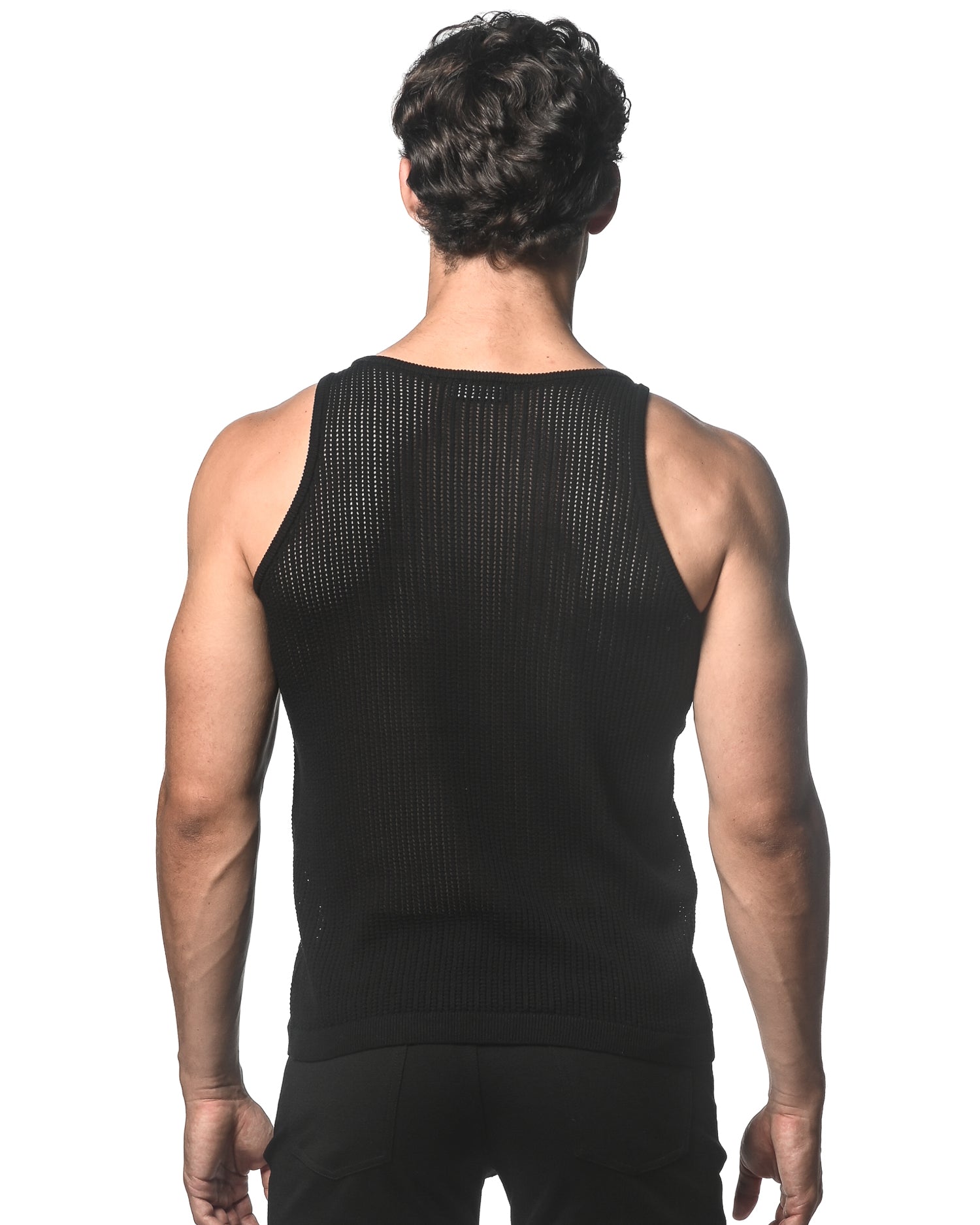 BLACK TEXTURED OPEN MESH KNITTED TANK WITH METAL CLIPS ST-24033