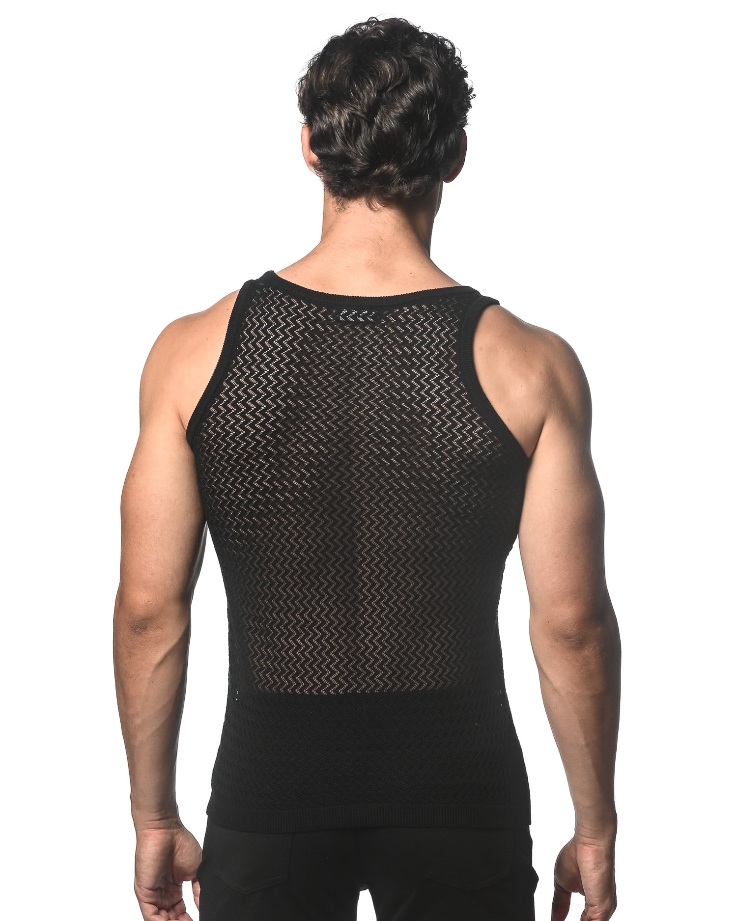 BLACK CHEVRON TEXTURED OPEN MESH KNITTED TANK ST-24034