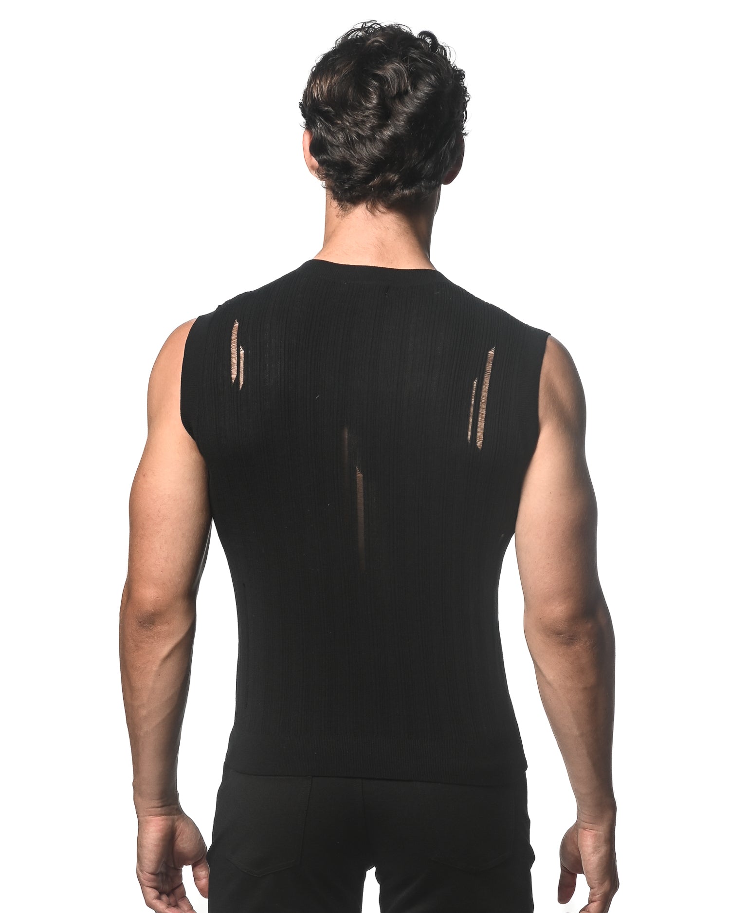 BLACK DISTRESSED TEXTURED KNITTED TANK ST-24038