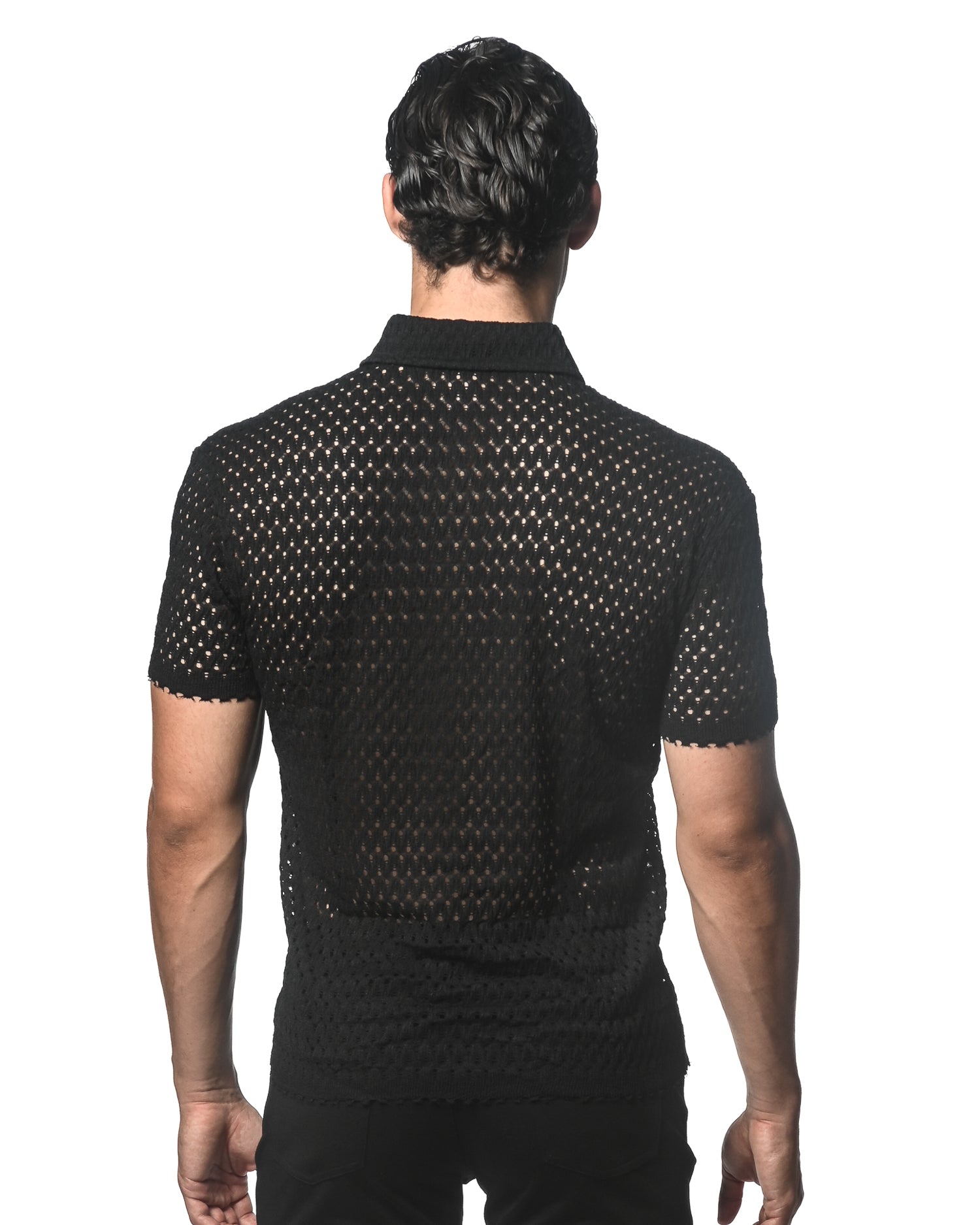 BLACK WAVE MESH GOSSAMER STRETCH KNIT SHORT SLEEVE SHIRT ST-24042