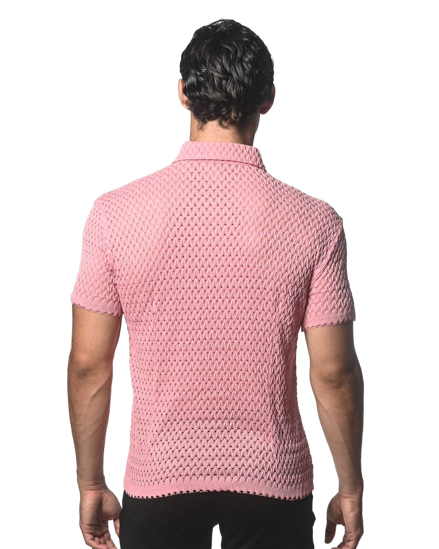 BUBBLE GUM WAVE MESH GOSSAMER STRETCH KNIT SHORT SLEEVE SHIRT ST-24042