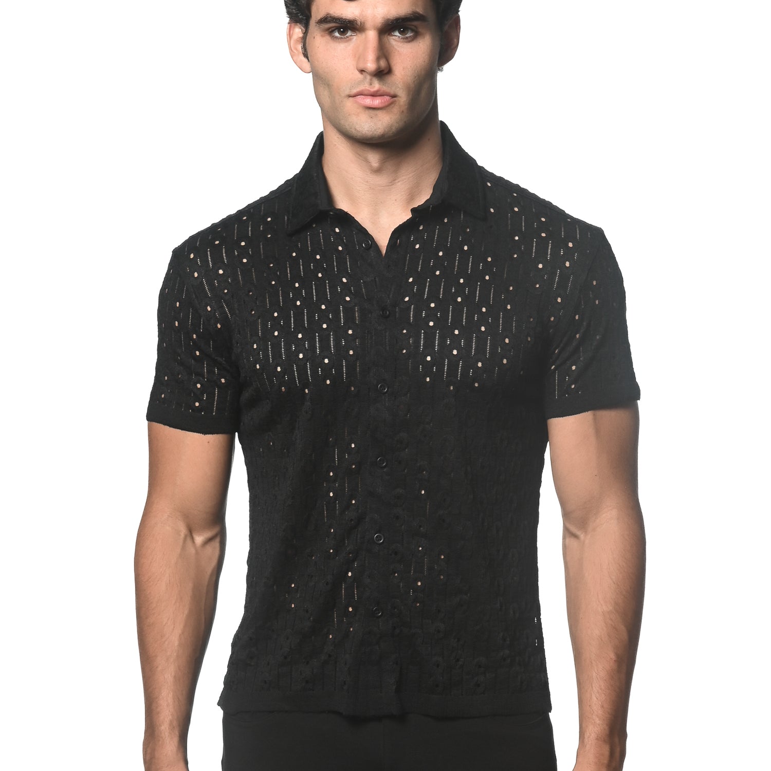 BLACK DASH DOT STRETCH KNIT SHORT SLEEVE SHIRT ST-24043