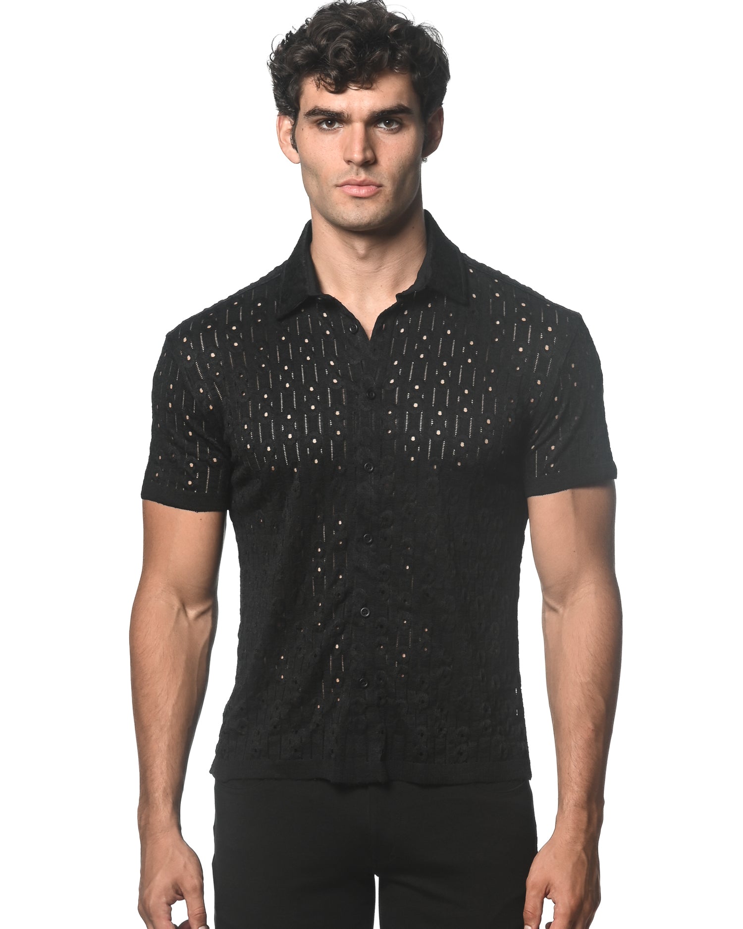 BLACK DASH DOT STRETCH KNIT SHORT SLEEVE SHIRT ST-24043