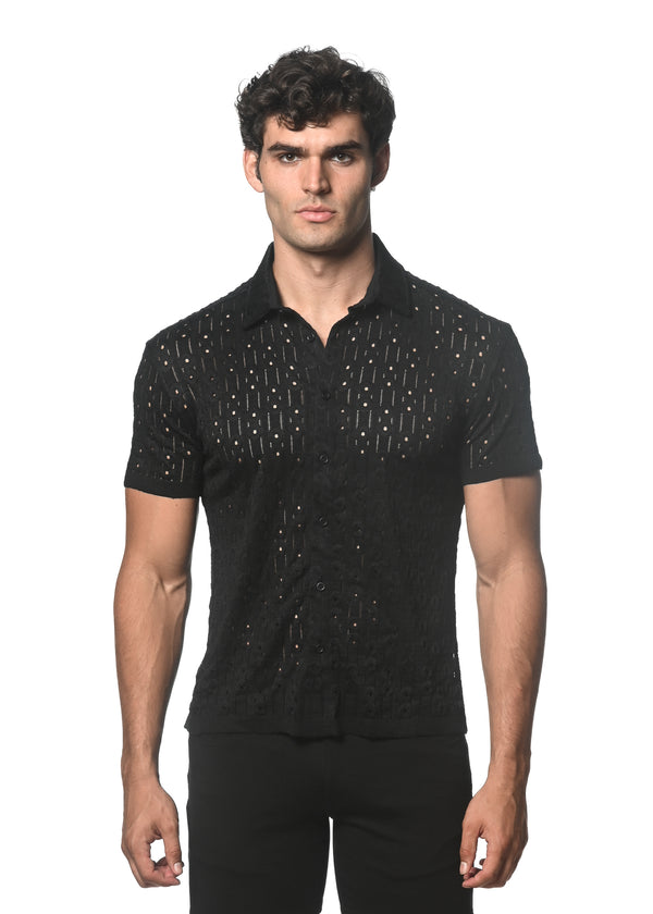 BLACK DASH DOT STRETCH KNIT SHORT SLEEVE SHIRT ST-24043
