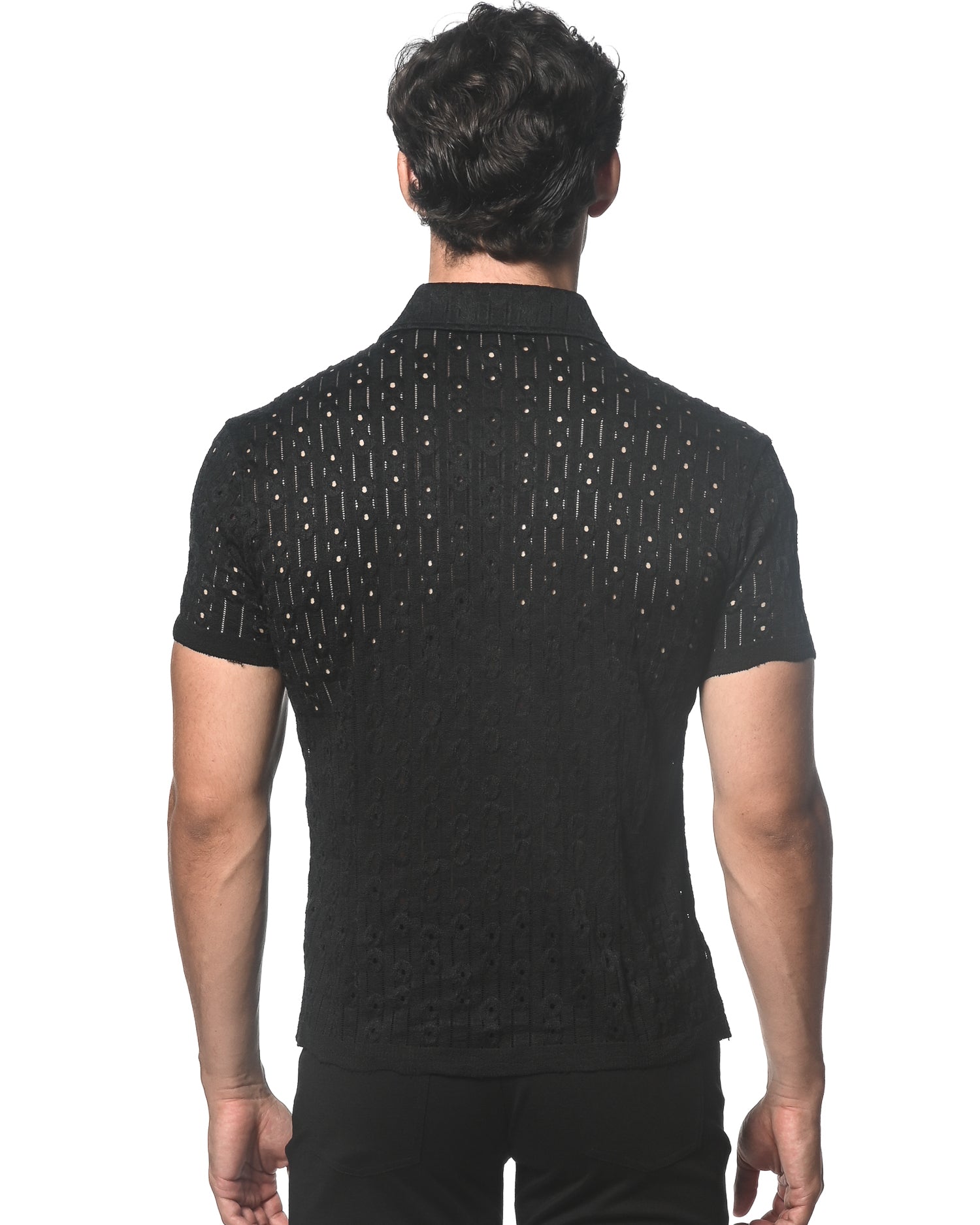 BLACK DASH DOT STRETCH KNIT SHORT SLEEVE SHIRT ST-24043