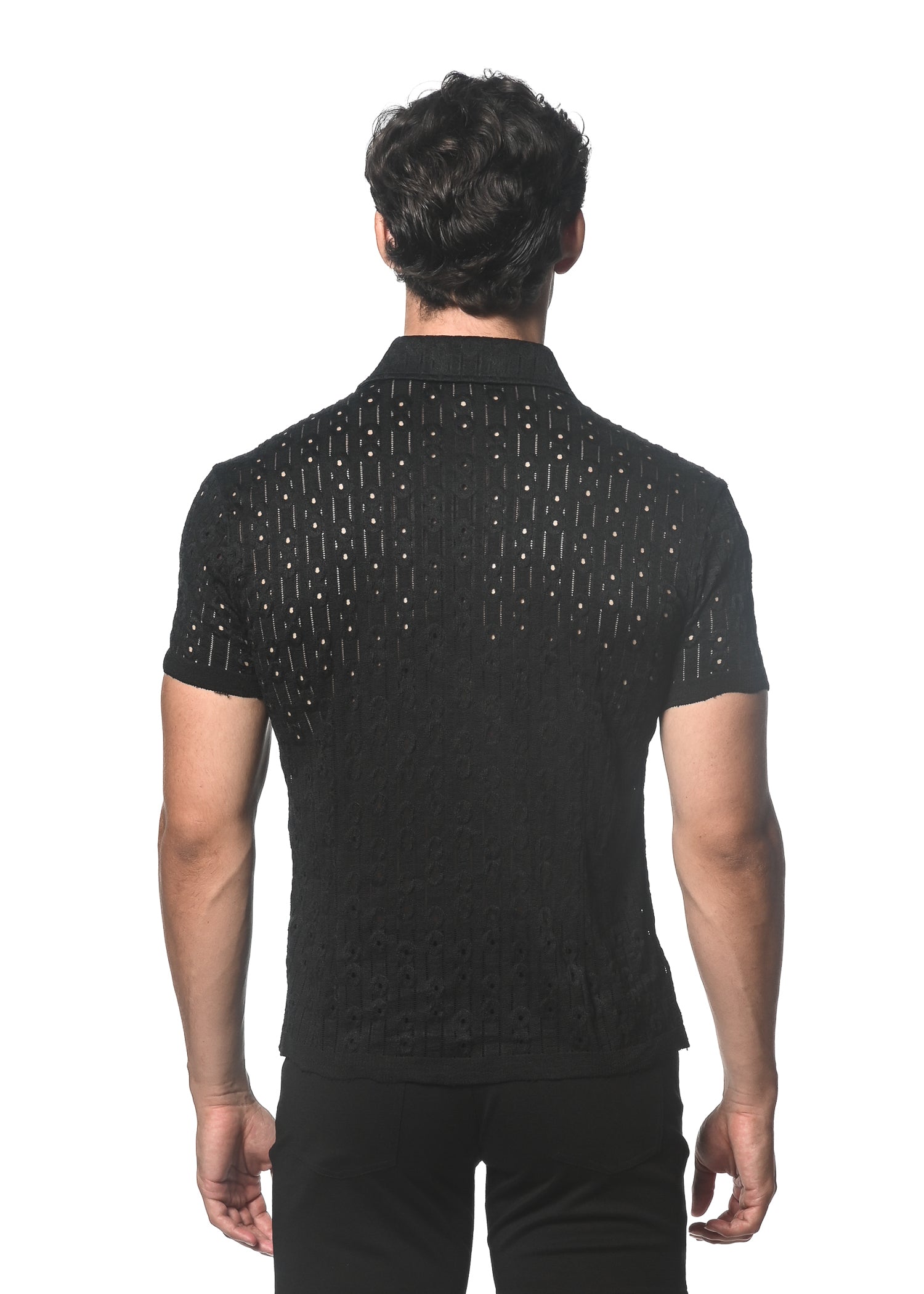 BLACK DASH DOT STRETCH KNIT SHORT SLEEVE SHIRT ST-24043
