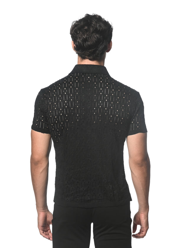 BLACK DASH DOT STRETCH KNIT SHORT SLEEVE SHIRT ST-24043