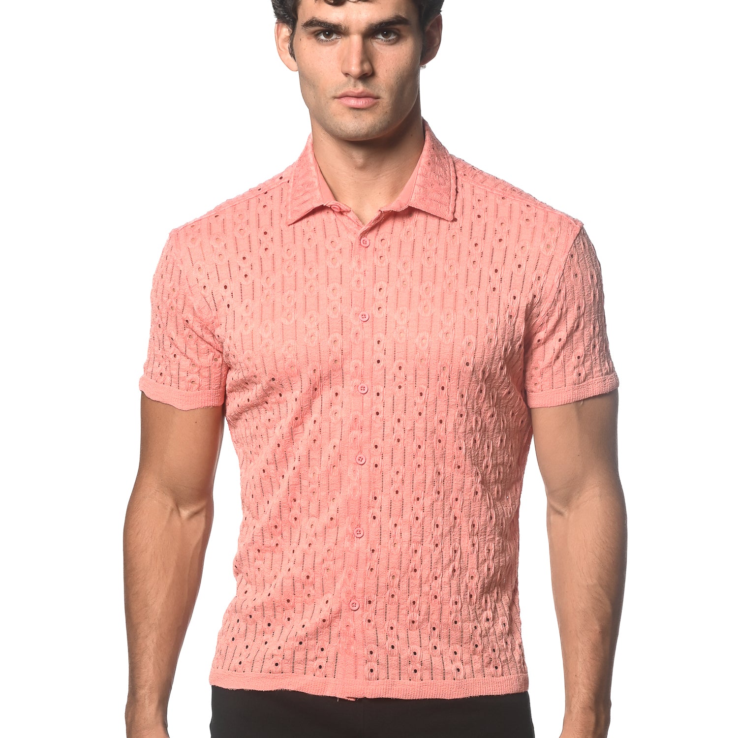 CORAL DASH DOT STRETCH KNIT SHORT SLEEVE SHIRT ST-24043