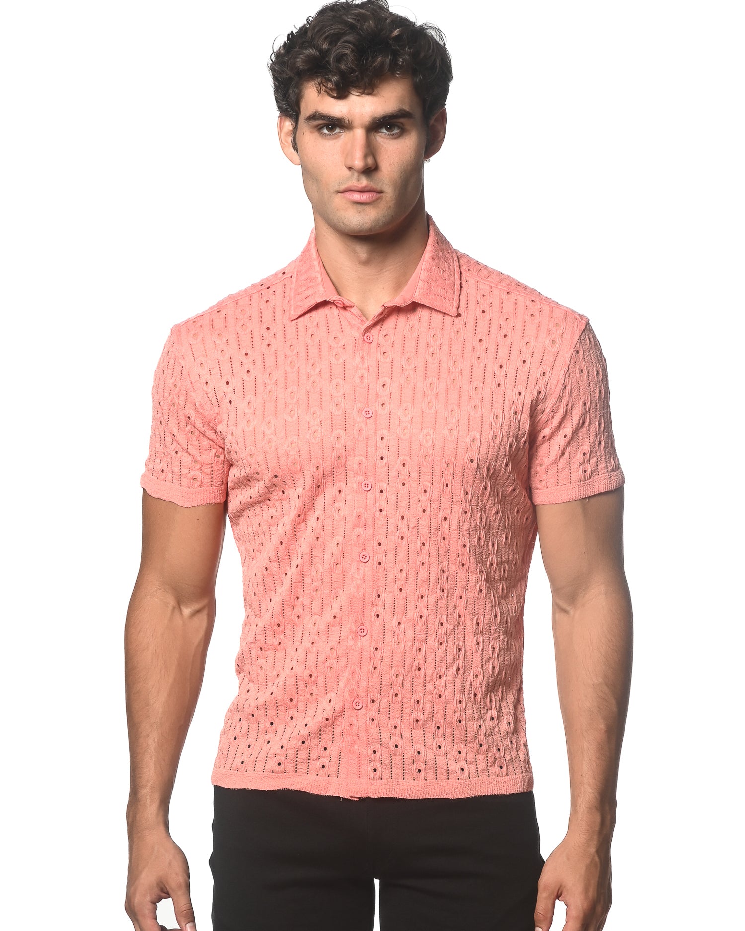 CORAL DASH DOT STRETCH KNIT SHORT SLEEVE SHIRT ST-24043