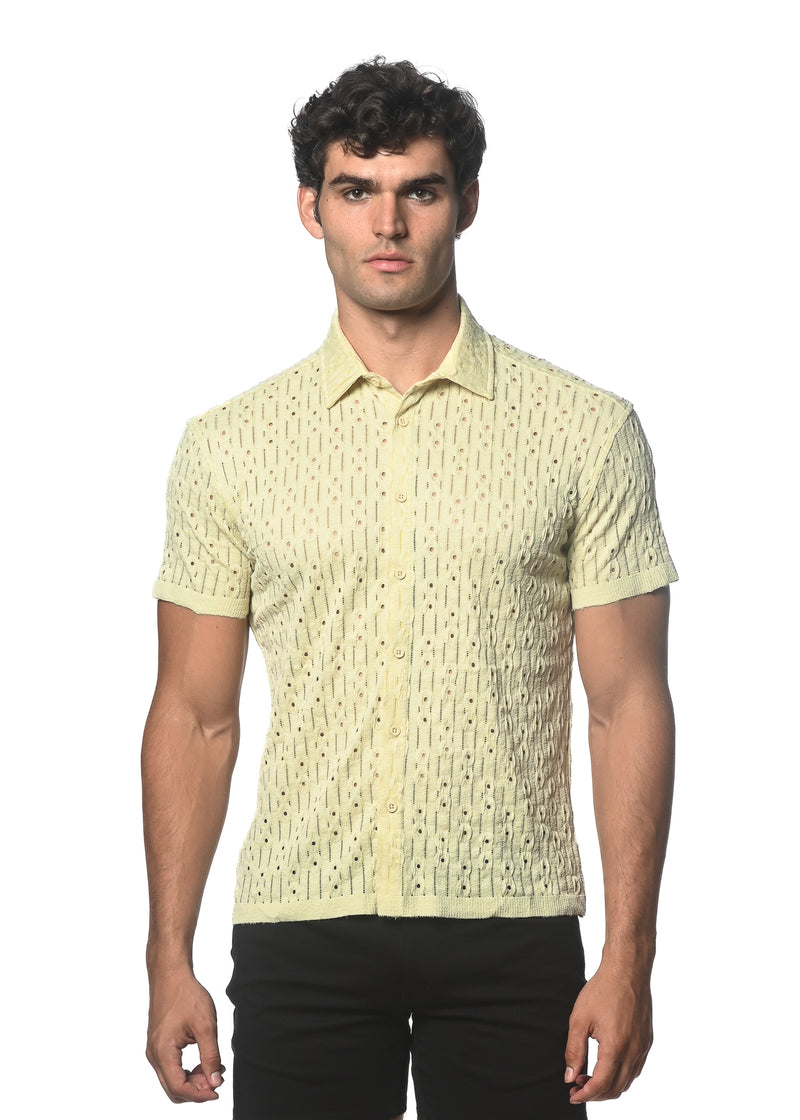 LATTE DASH DOT STRETCH KNIT SHORT SLEEVE SHIRT ST-24043