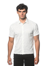 WHITE DASH DOT STRETCH KNIT SHORT SLEEVE SHIRT ST-24043