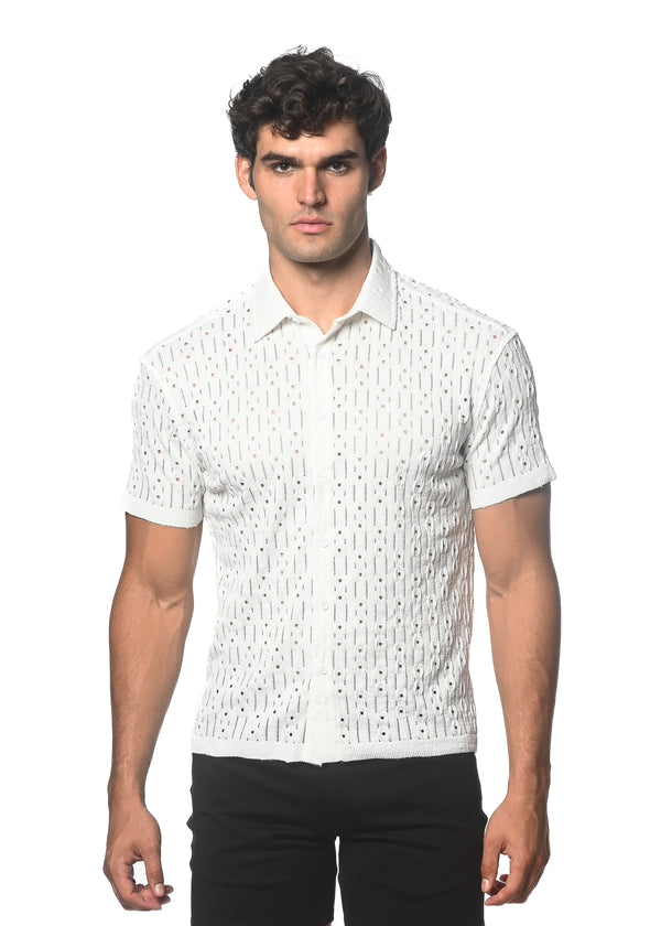 WHITE DASH DOT STRETCH KNIT SHORT SLEEVE SHIRT ST-24043