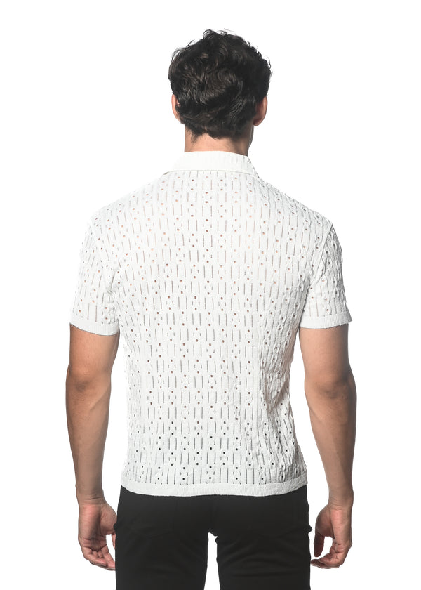 WHITE DASH DOT STRETCH KNIT SHORT SLEEVE SHIRT ST-24043