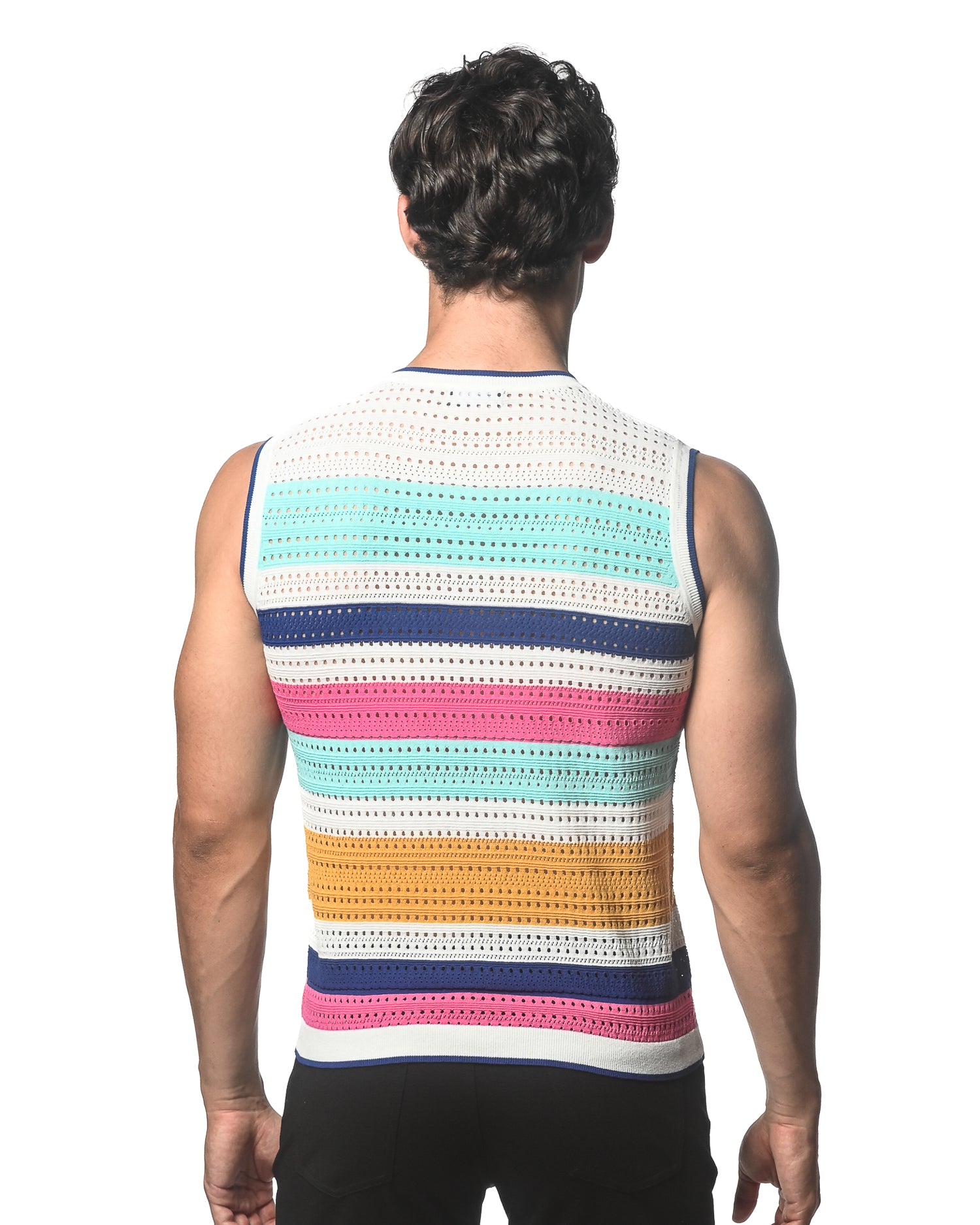 TEAL/FLAMINGO HORIZONTAL STRIPE TEXTURED OPEN KNITTED VEST ST-24048