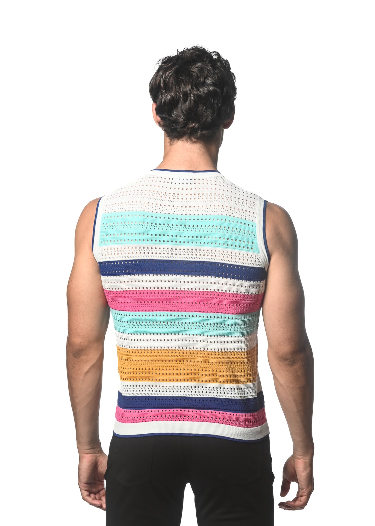 TEAL/FLAMINGO HORIZONTAL STRIPE TEXTURED OPEN KNITTED VEST ST-24048