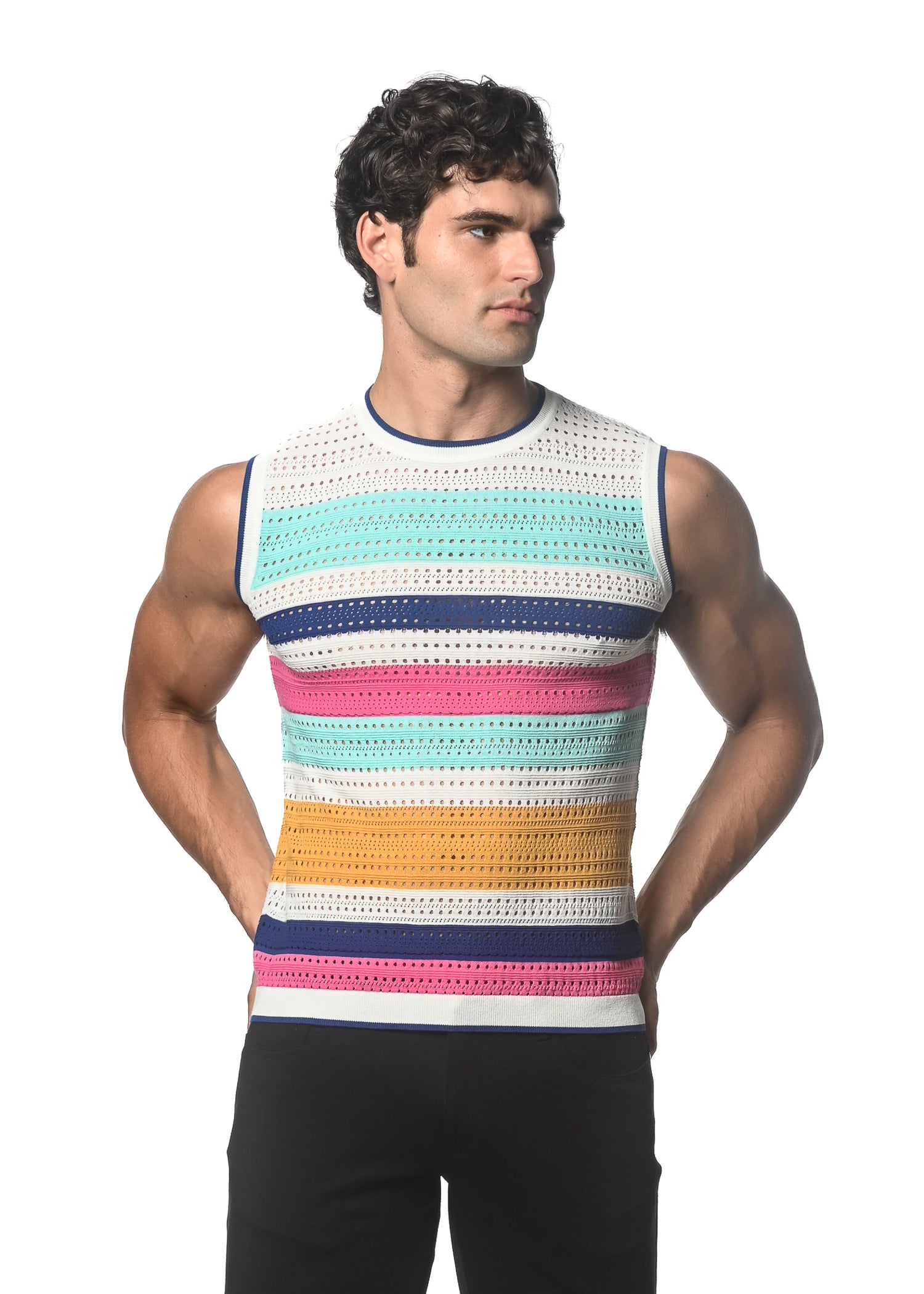 TEAL/FLAMINGO HORIZONTAL STRIPE TEXTURED OPEN KNITTED VEST ST-24048