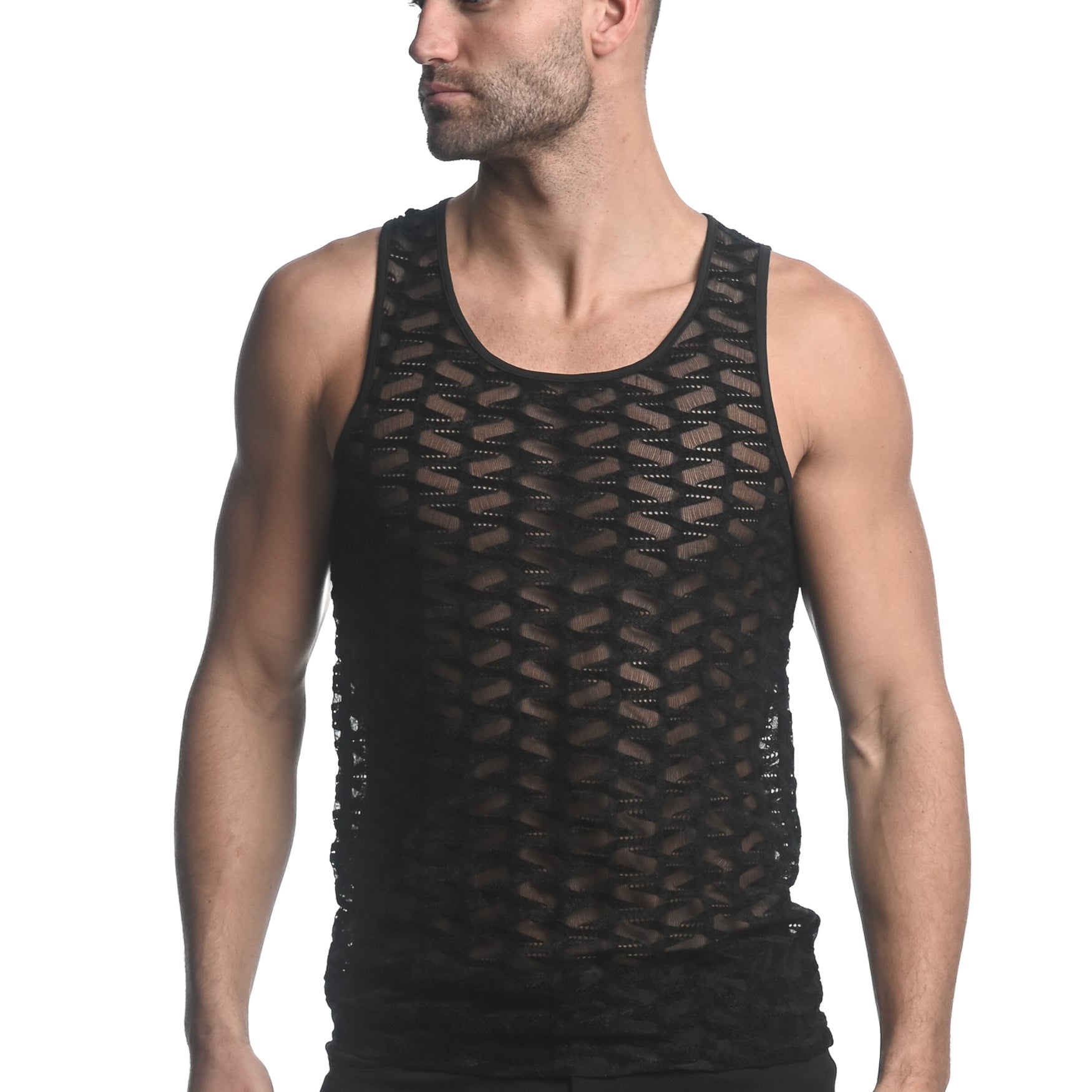 BLACK VERTICAL WAVE STRETCH GOSSAMER KNIT SINGLET ST-24201