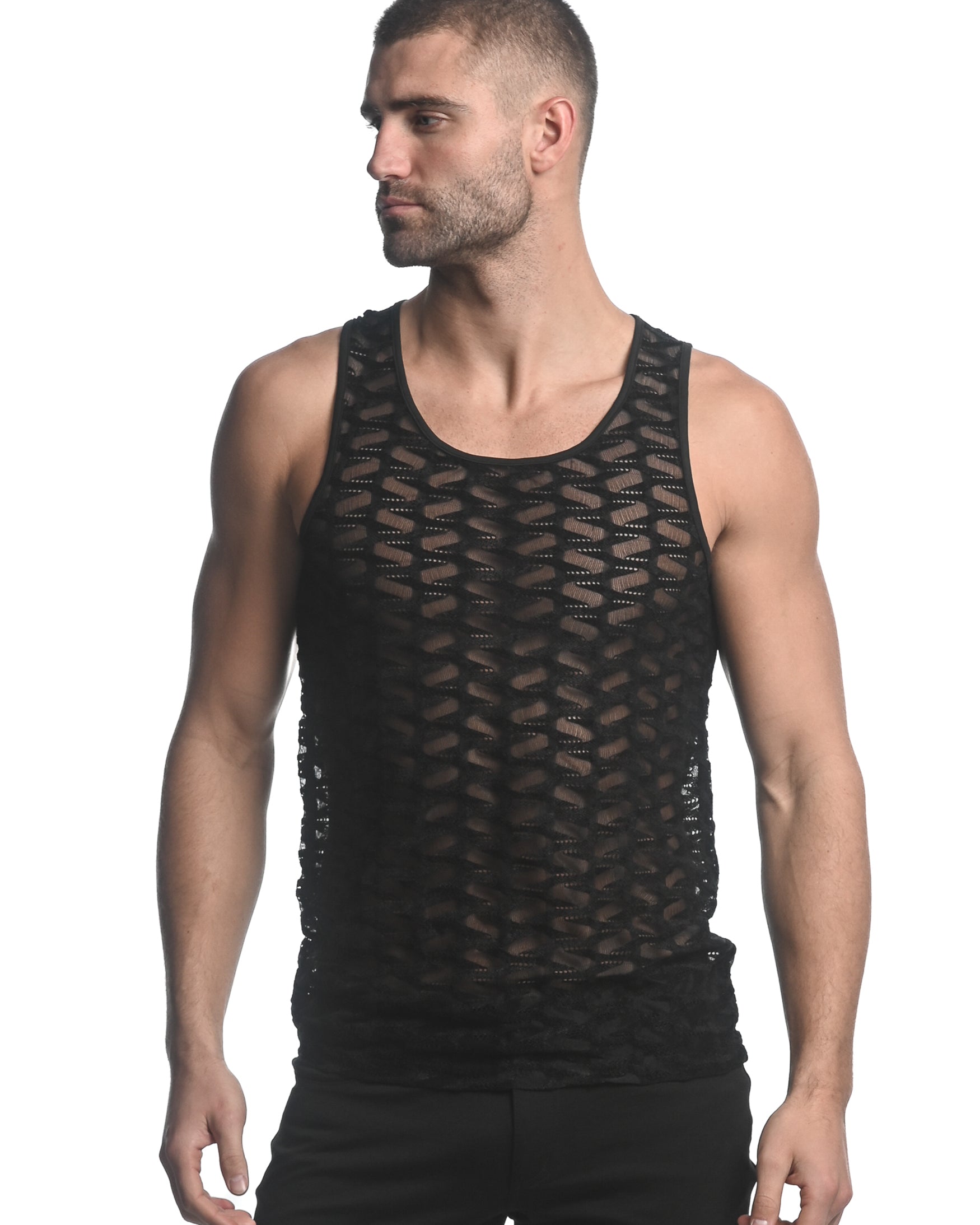 BLACK VERTICAL WAVE STRETCH GOSSAMER KNIT SINGLET ST-24201