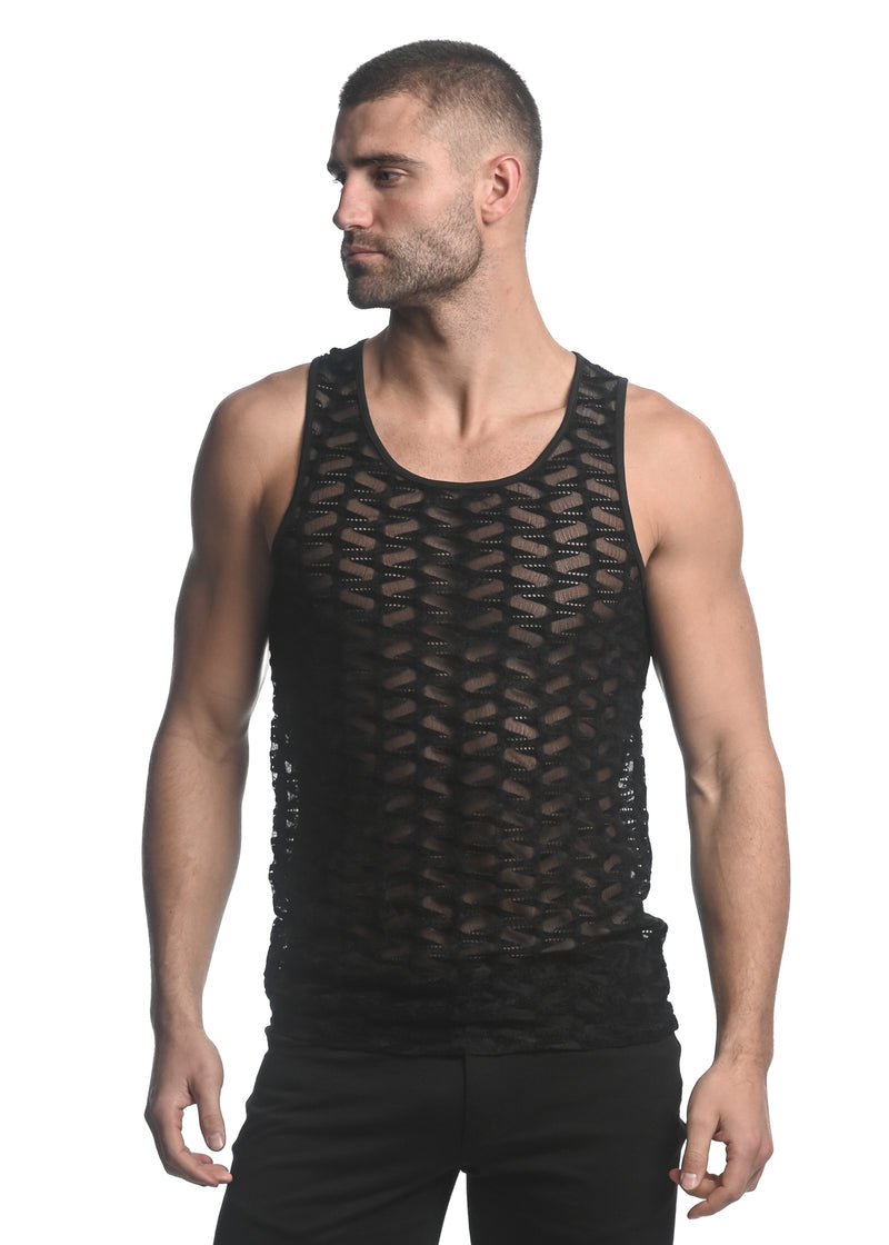 BLACK VERTICAL WAVE STRETCH GOSSAMER KNIT SINGLET ST-24201