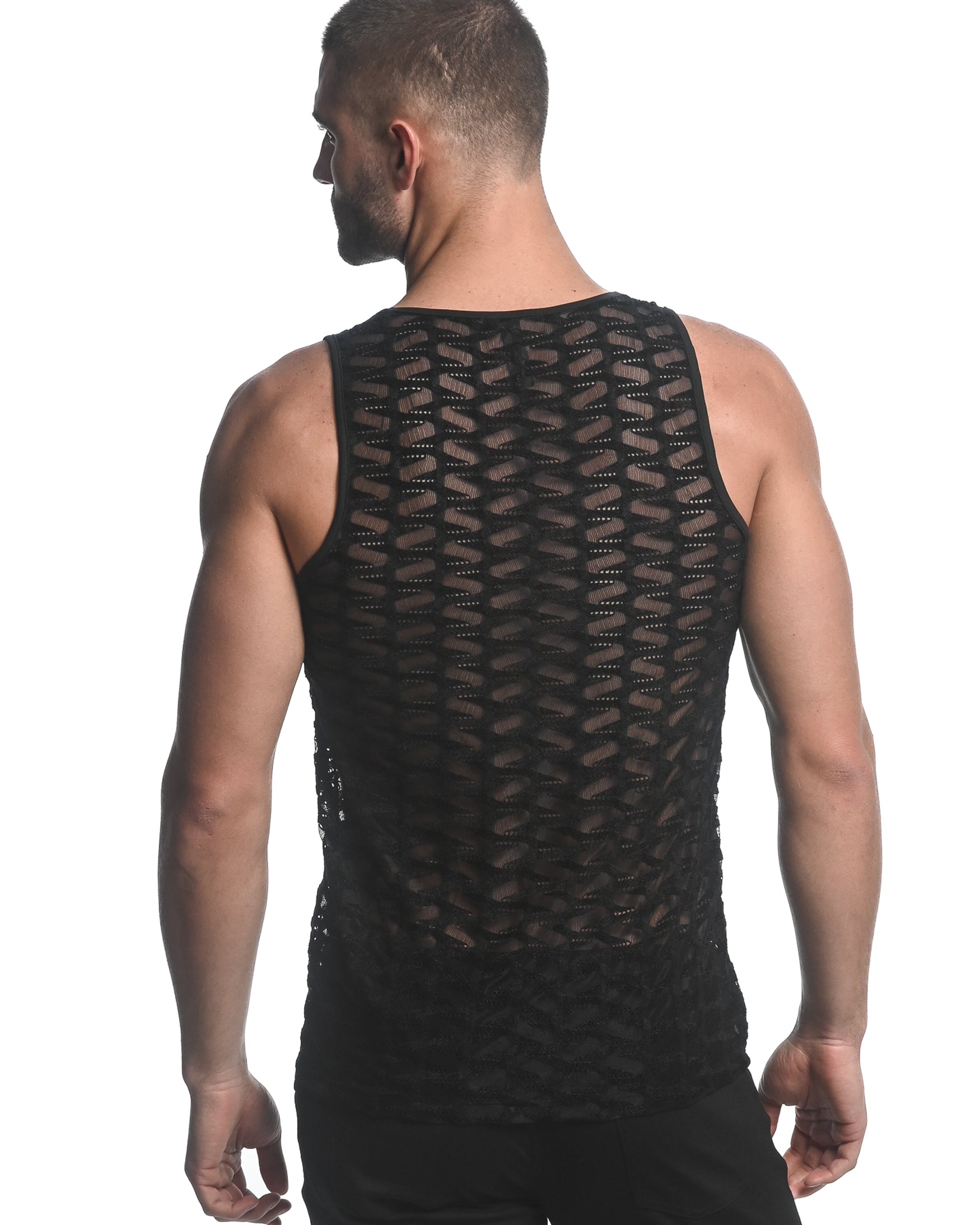 BLACK VERTICAL WAVE STRETCH GOSSAMER KNIT SINGLET ST-24201