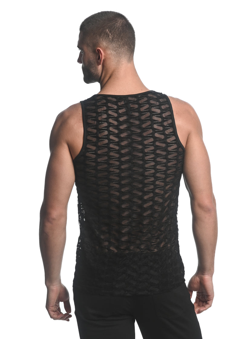 BLACK VERTICAL WAVE STRETCH GOSSAMER KNIT SINGLET ST-24201