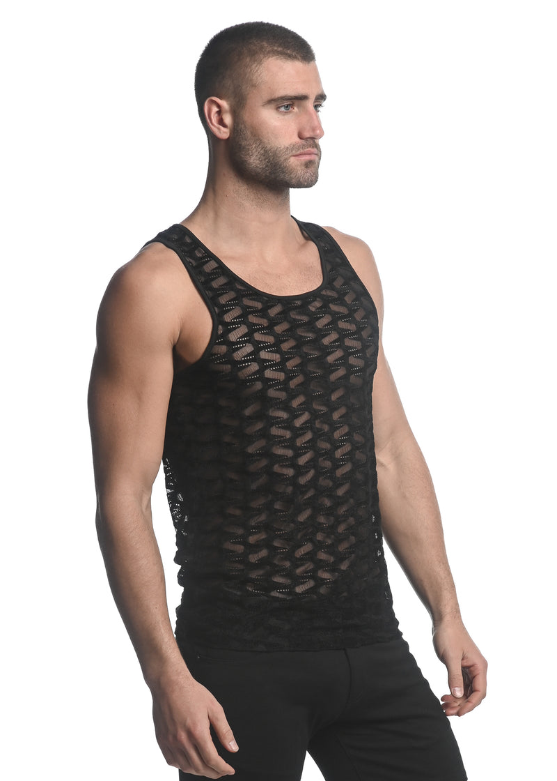 BLACK VERTICAL WAVE STRETCH GOSSAMER KNIT SINGLET ST-24201
