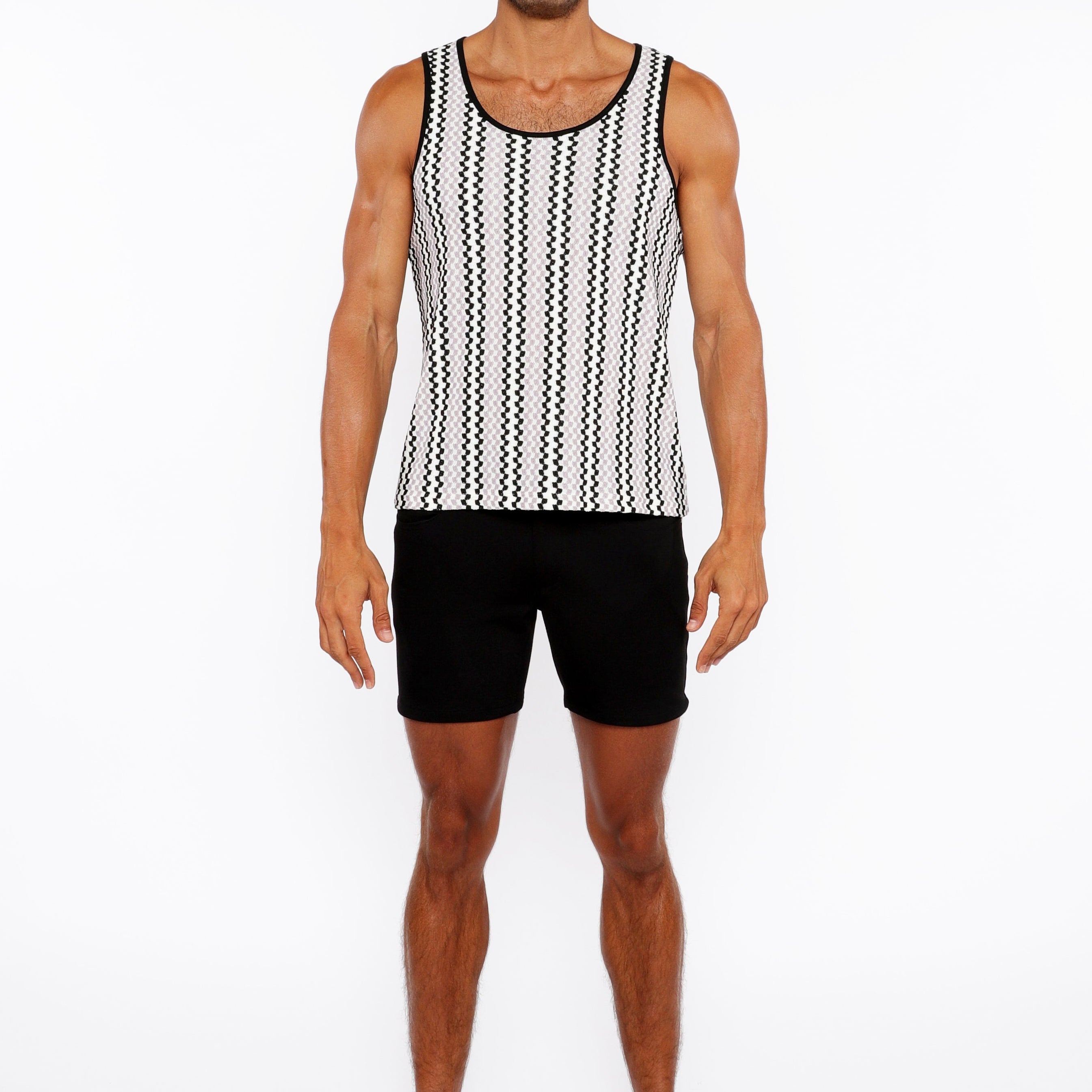 PALE LILAC/BLACK ZIGZAG STRIPES STRETCH OPEN KNIT TANK TOP ST-24218