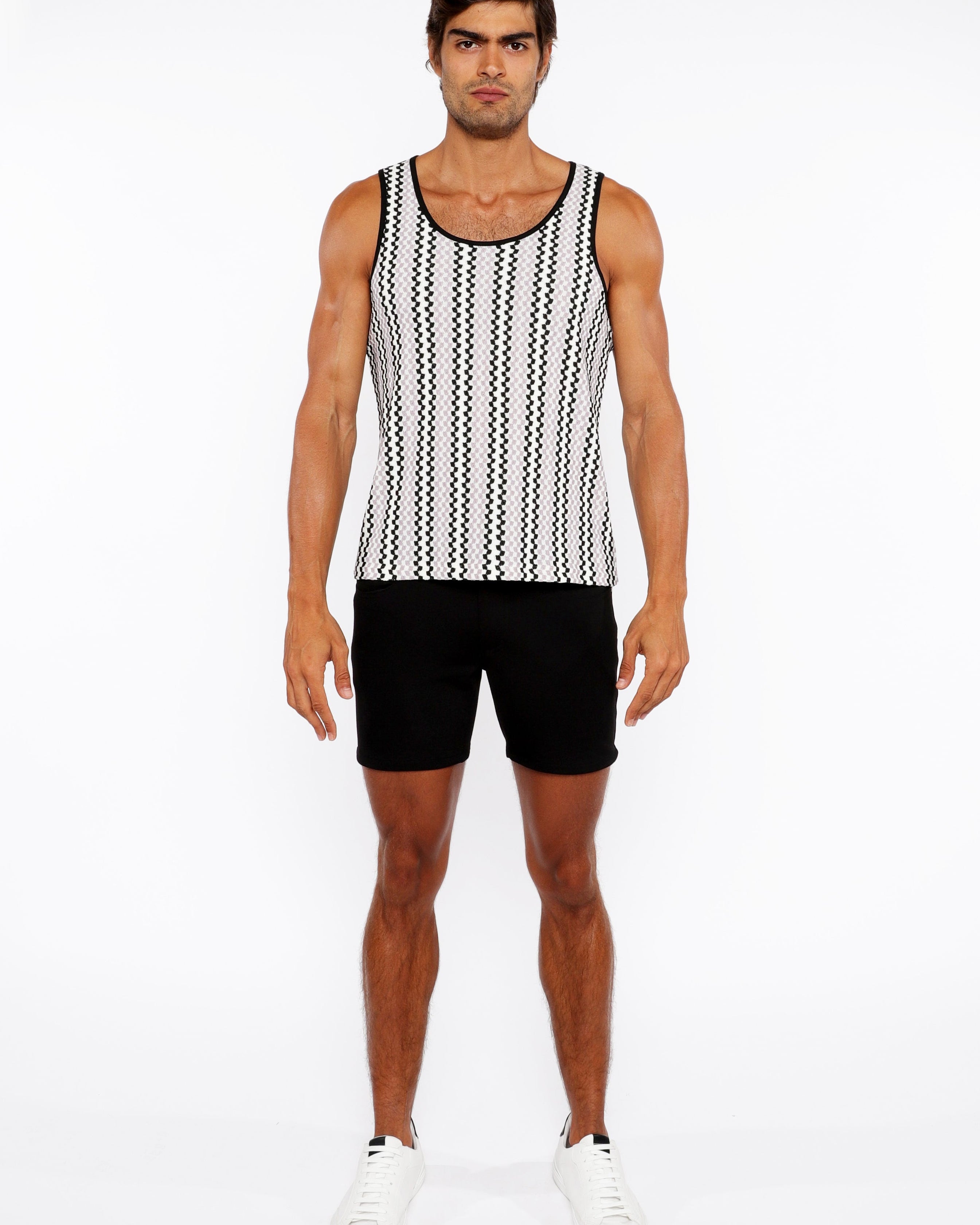 PALE LILAC/BLACK ZIGZAG STRIPES STRETCH OPEN KNIT TANK TOP ST-24218