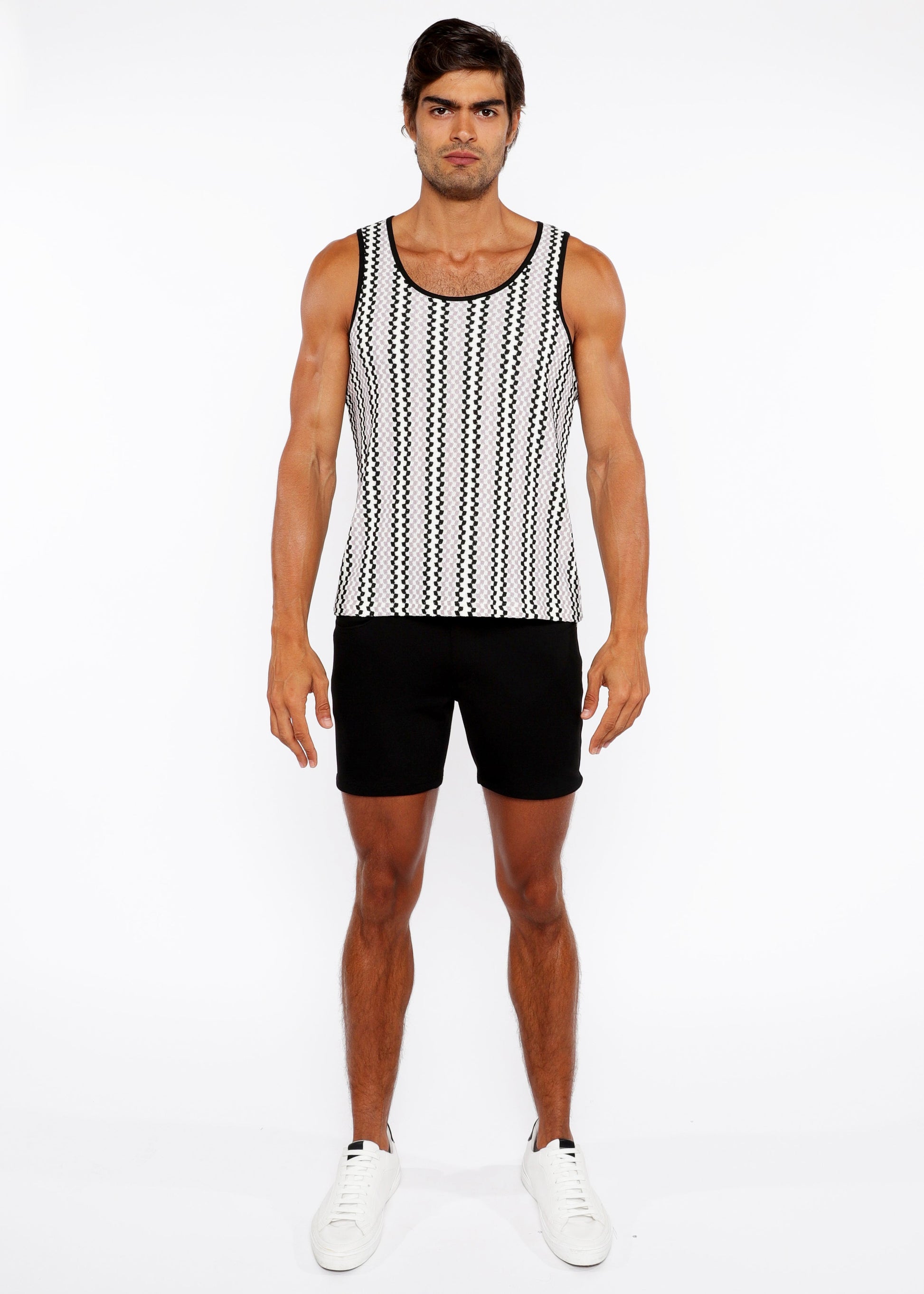 PALE LILAC/BLACK ZIGZAG STRIPES STRETCH OPEN KNIT TANK TOP ST-24218