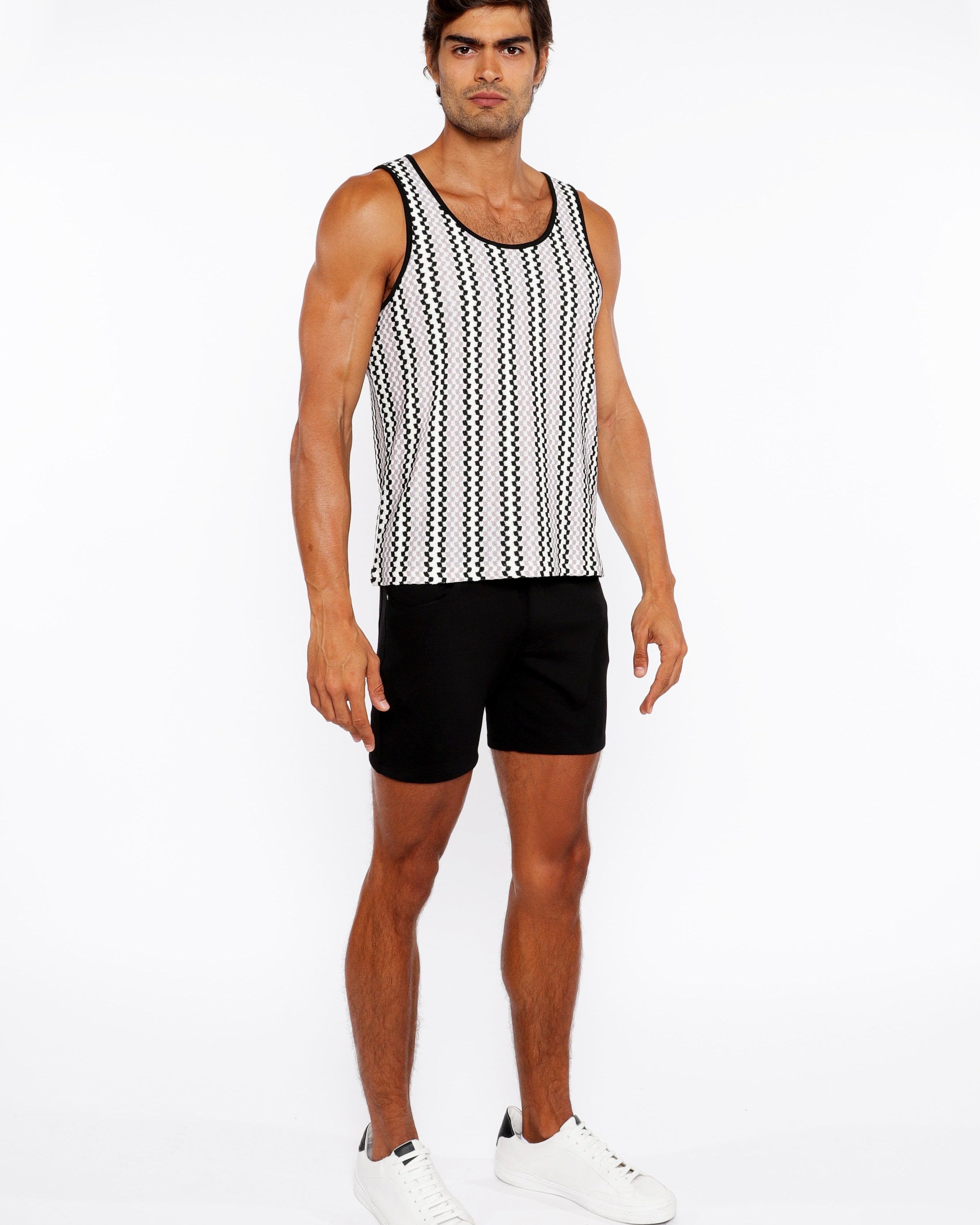 PALE LILAC/BLACK ZIGZAG STRIPES STRETCH OPEN KNIT TANK TOP ST-24218