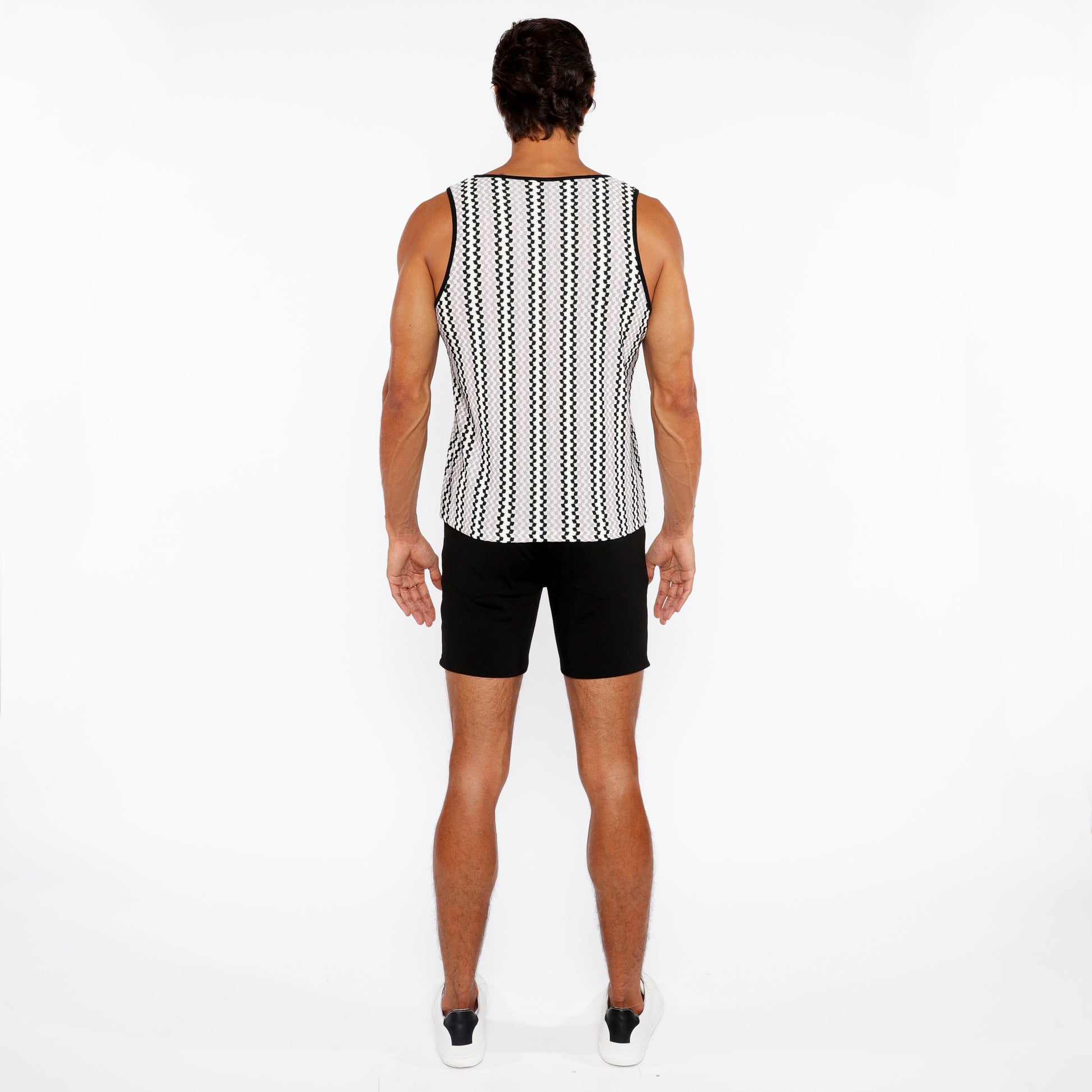 PALE LILAC/BLACK ZIGZAG STRIPES STRETCH OPEN KNIT TANK TOP ST-24218