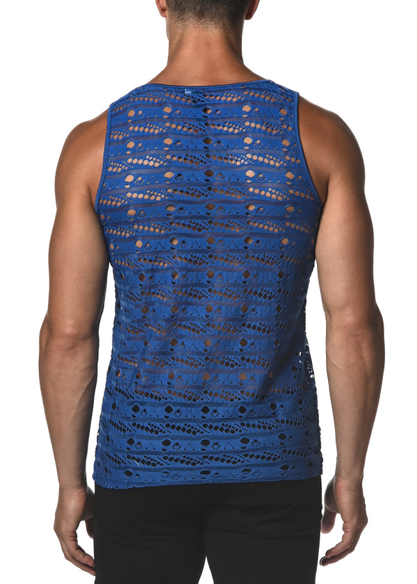 VIVID BLUE DASH DOT STRETCH GOSSAMER LACE TANK TOP  ST-25001