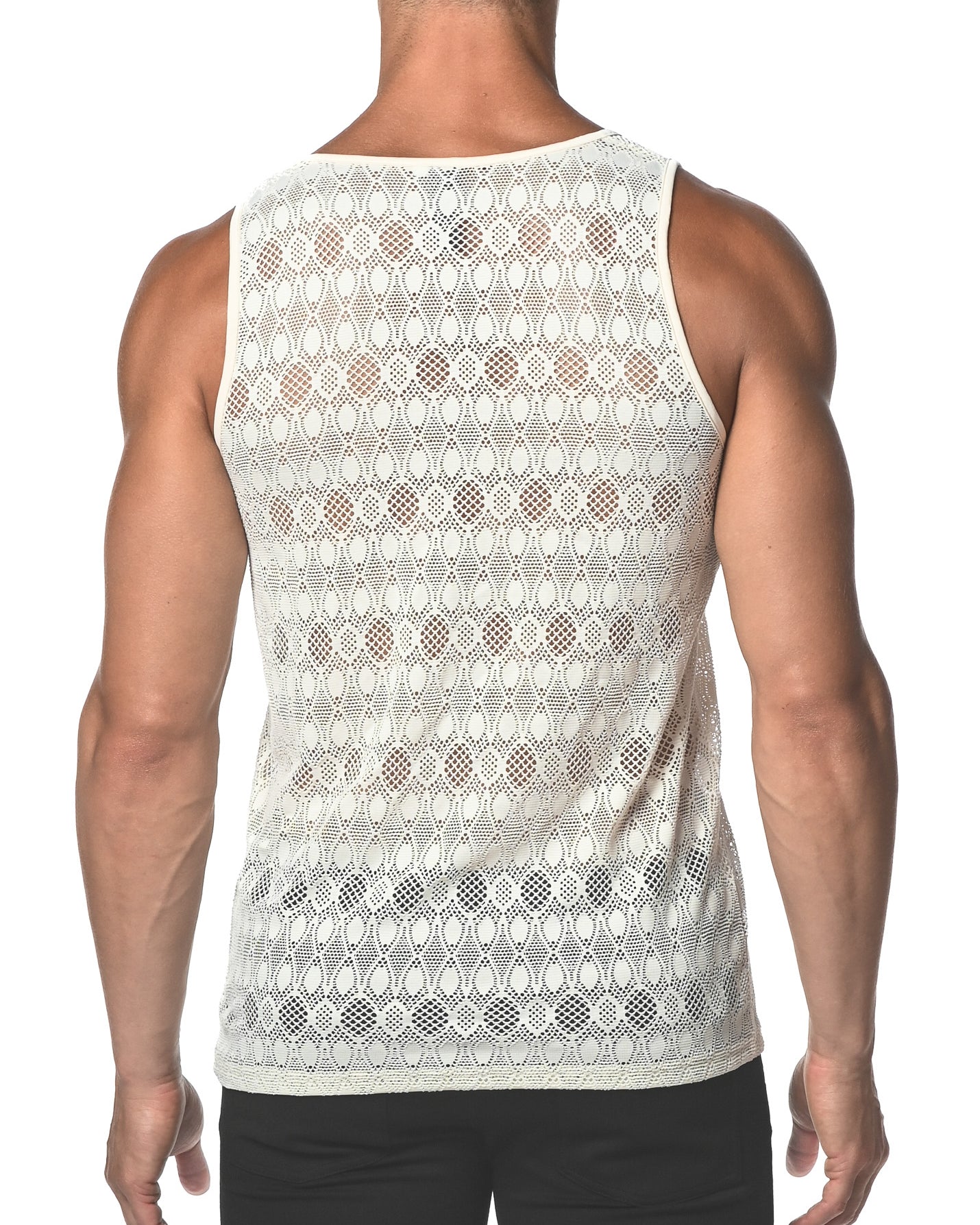 BEIGE OVAL STRETCH GOSSAMER LACE TANK TOP  ST-25002