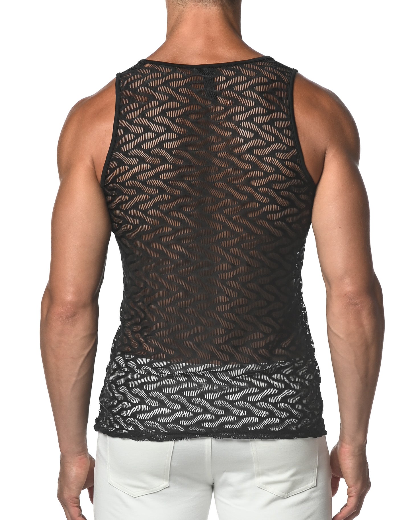 BLACK SQUIGGLY STRETCH GOSSAMER LACE TANK TOP  ST-25003