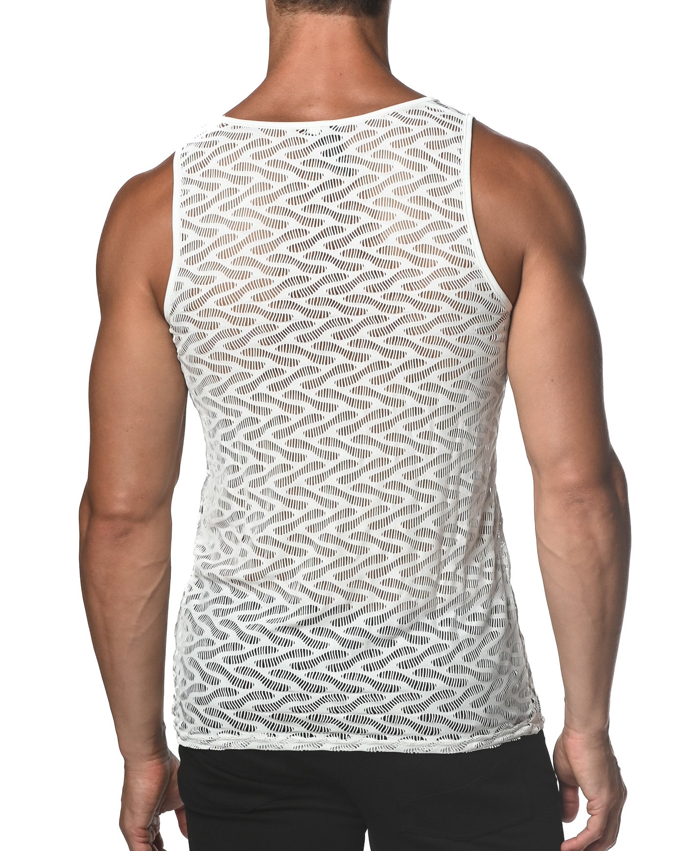 WHITE SQUIGGLY STRETCH GOSSAMER LACE TANK TOP  ST-25003