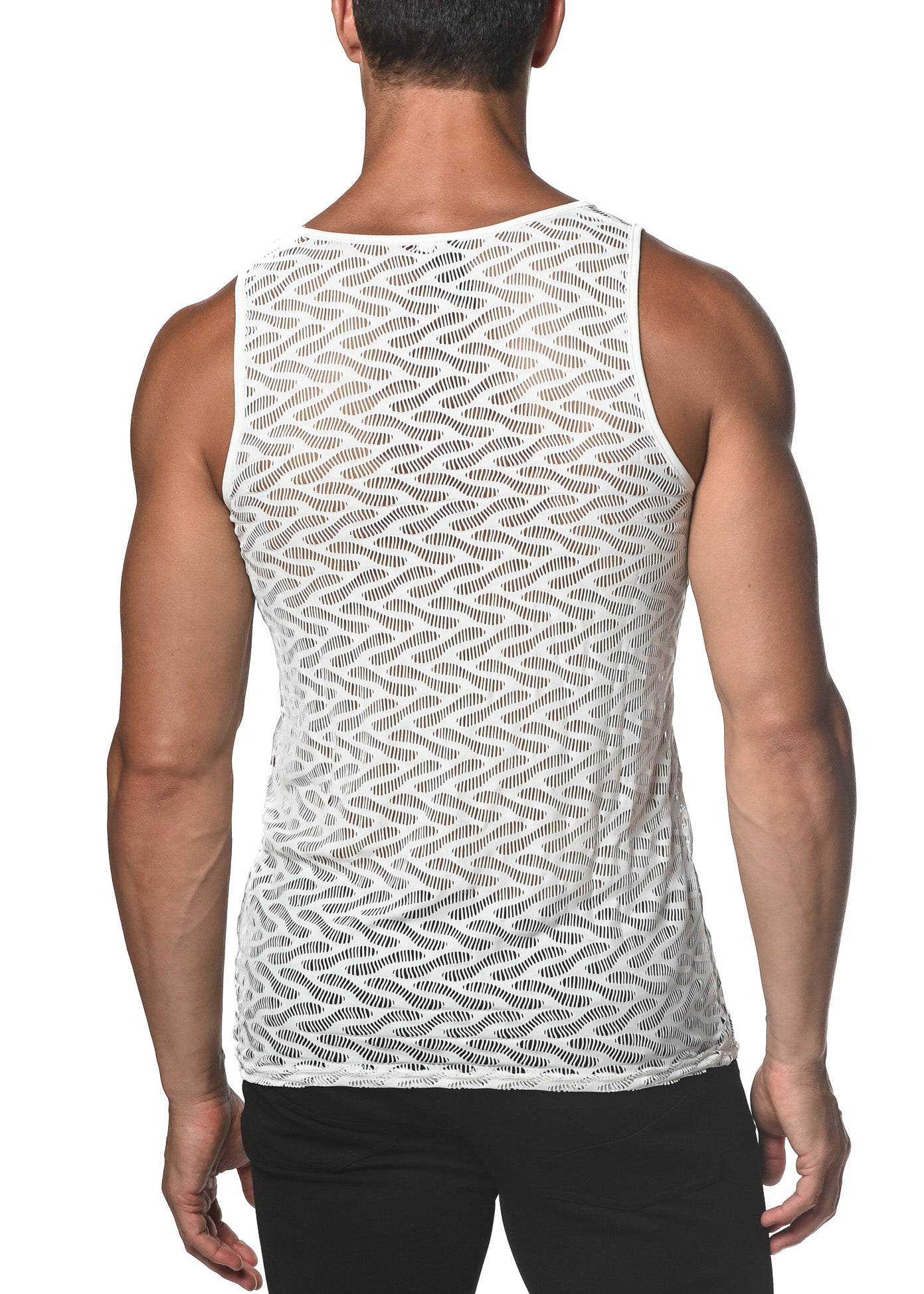 WHITE SQUIGGLY STRETCH GOSSAMER LACE TANK TOP  ST-25003