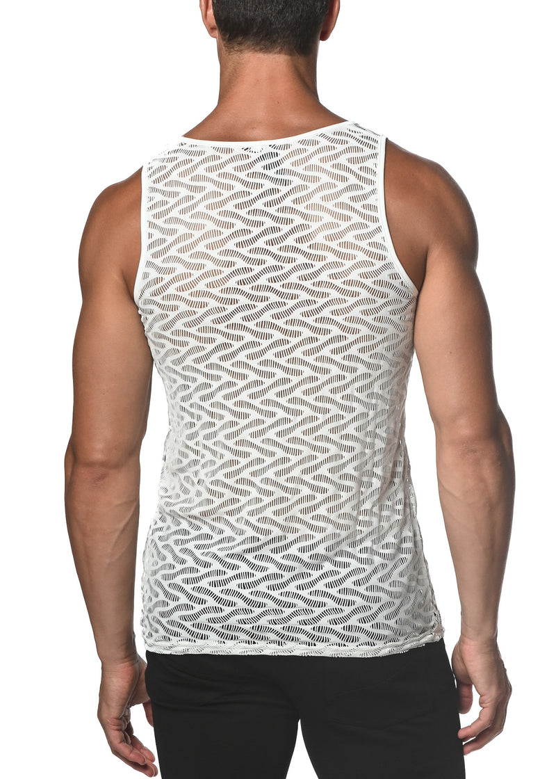 WHITE SQUIGGLY STRETCH GOSSAMER LACE TANK TOP  ST-25003
