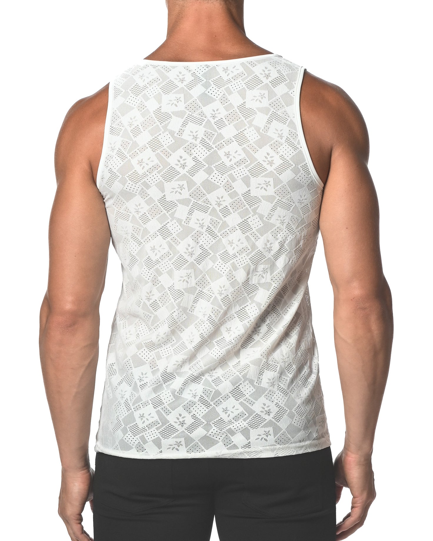 WHITE SQUARES STRETCH GOSSAMER LACE TANK TOP  ST-25006