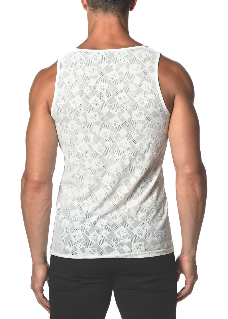 WHITE SQUARES STRETCH GOSSAMER LACE TANK TOP  ST-25006