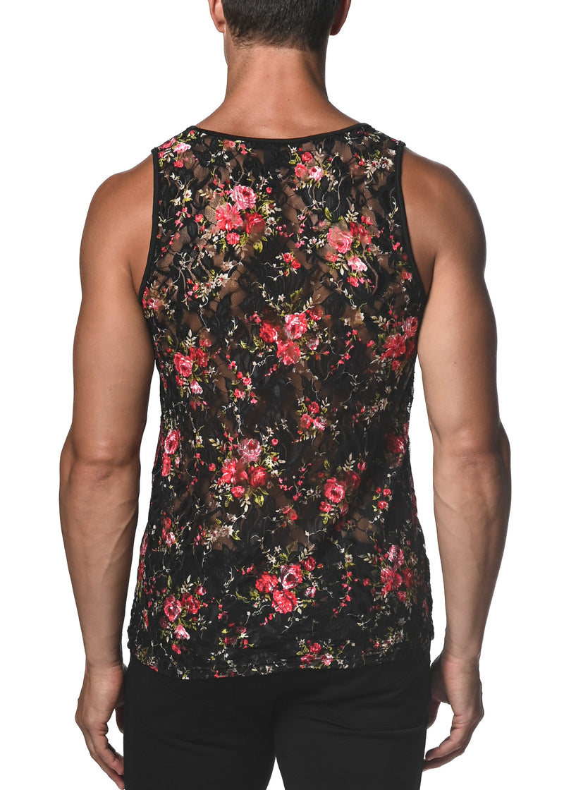 BLACK/RED FLORAL PRINTED STRETCH GOSSAMER LACE TANK TOP  ST-25011