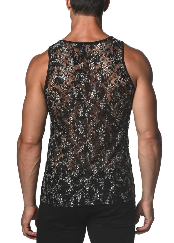 BLACK/WHITE FLORAL PRINTED STRETCH GOSSAMER LACE TANK TOP  ST-25012